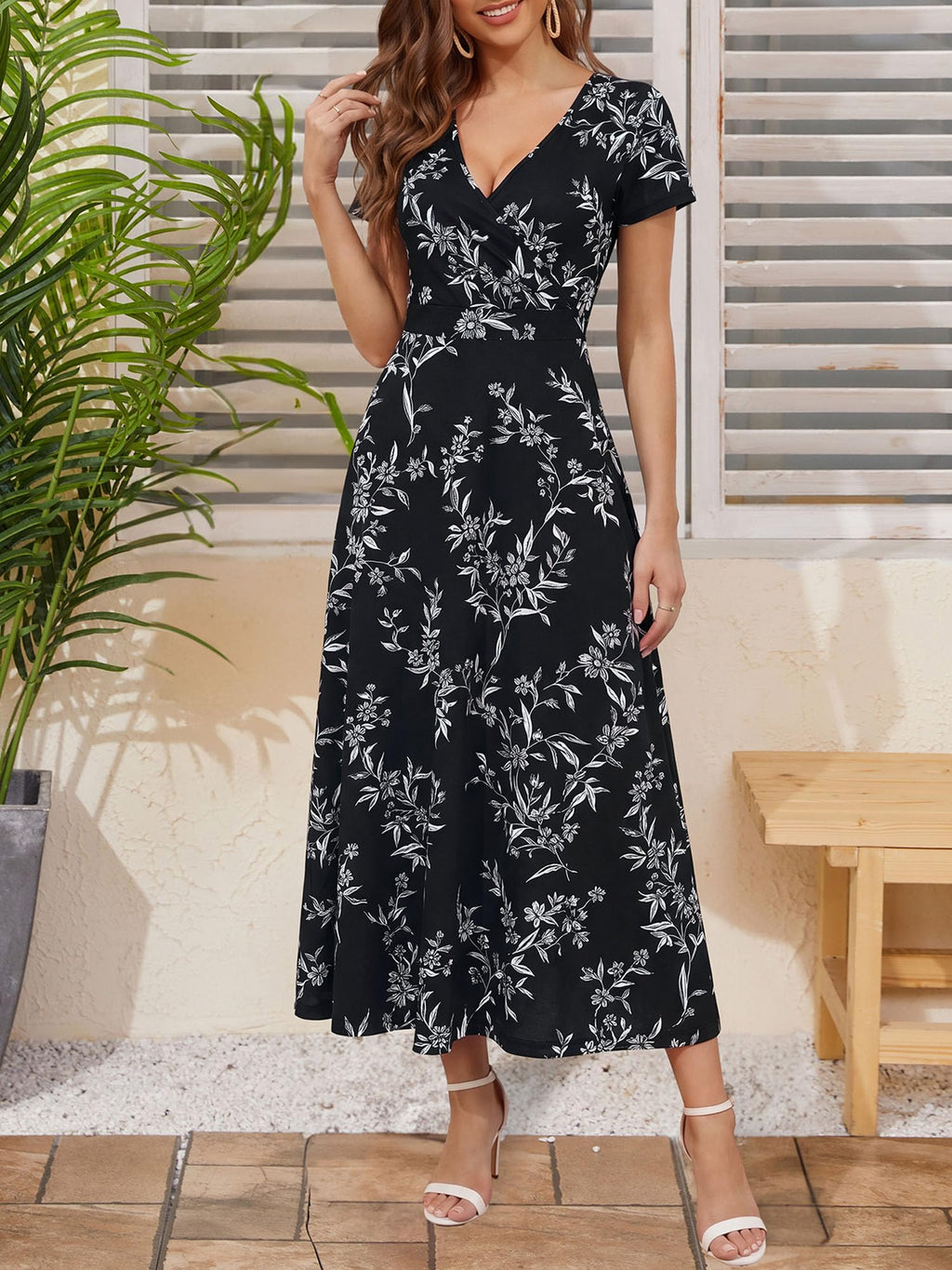 HUHOT Women's Short Sleeve Wrap V Neck Dresses for Wedding Guest Summer Floral Maxi Sundresses with Pockets Boho Dress