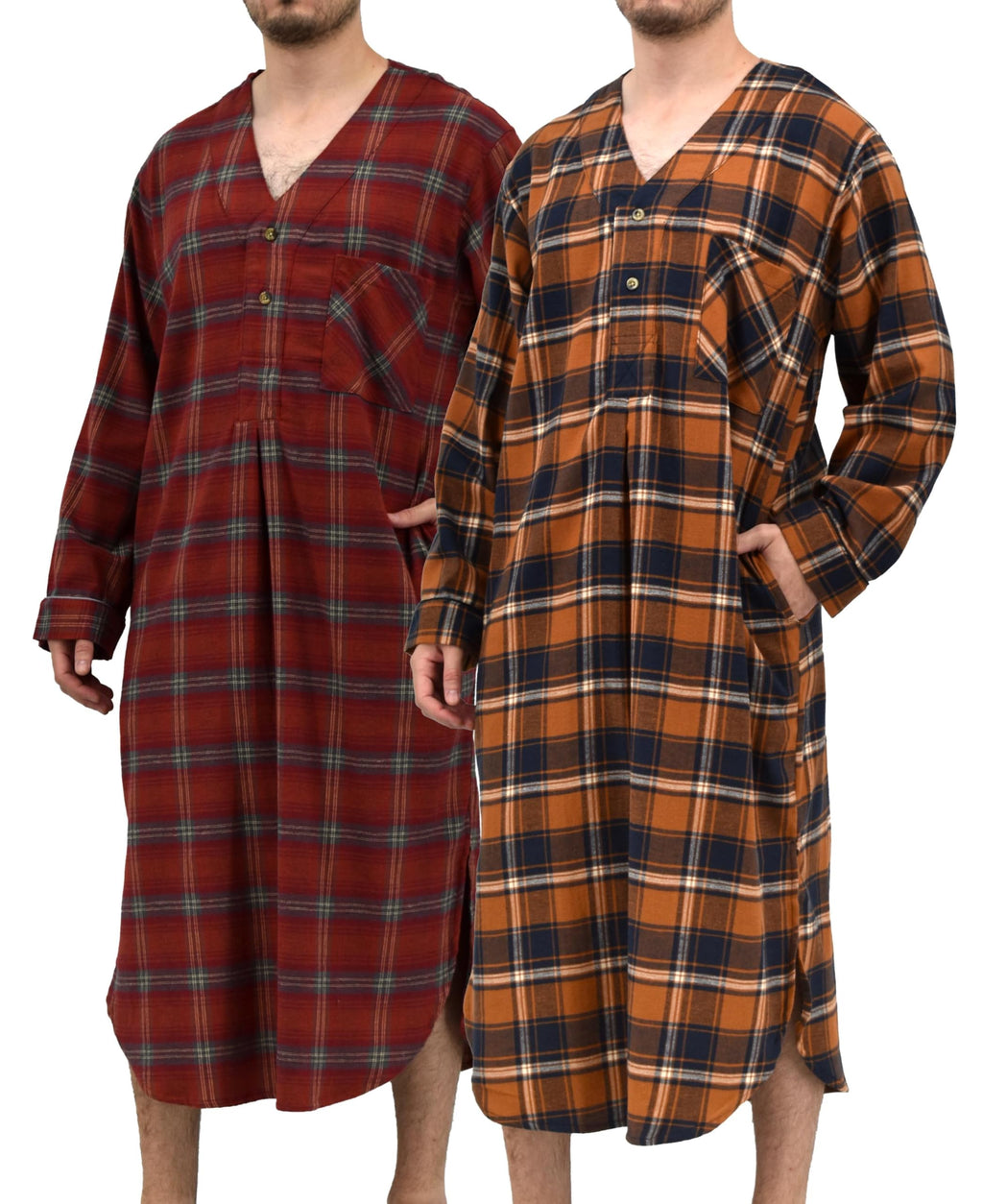 Andrew Scott Men's 2 Pack Lightweight Cotton Flannel Sleep Shirt, Long Henley Nightshirt Pajamas