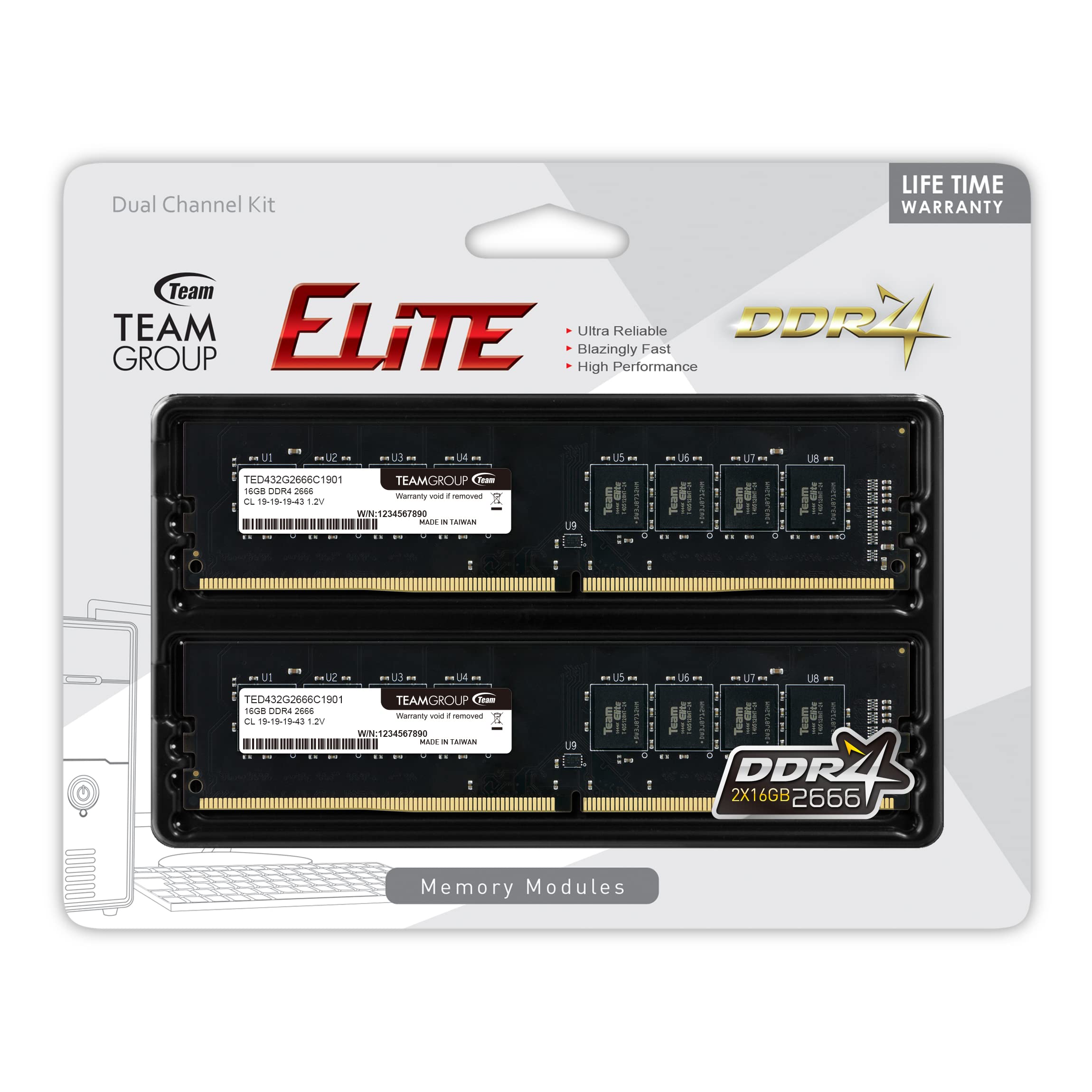 TEAMGROUP Elite DDR4 8GB Single 2666MHz PC4-21300 CL19 Unbuffered Non-ECC 1.2V UDIMM 288 Pin PC Computer Desktop Memory Module Ram - TED48G2666C1901