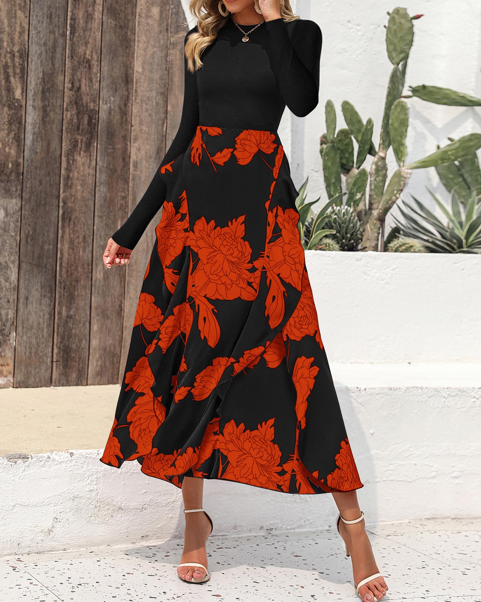 BTFBM Womens Floral Maxi Dress Fall 2025 Casual Crewneck Long Sleeve Ruffle Flowy Cocktail Wedding Guest Dresses