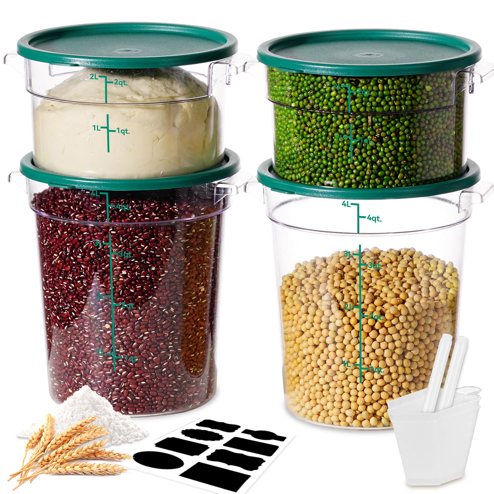 4QT NSF Food Storage Containers: 8 PCS [Food Grade][Hot&Cold Resistant] Commercial Clear Food Storage Containers with Lids for Restaurant Kitchen Proof Dough, Measuring Spoons Included(BPA FREE)