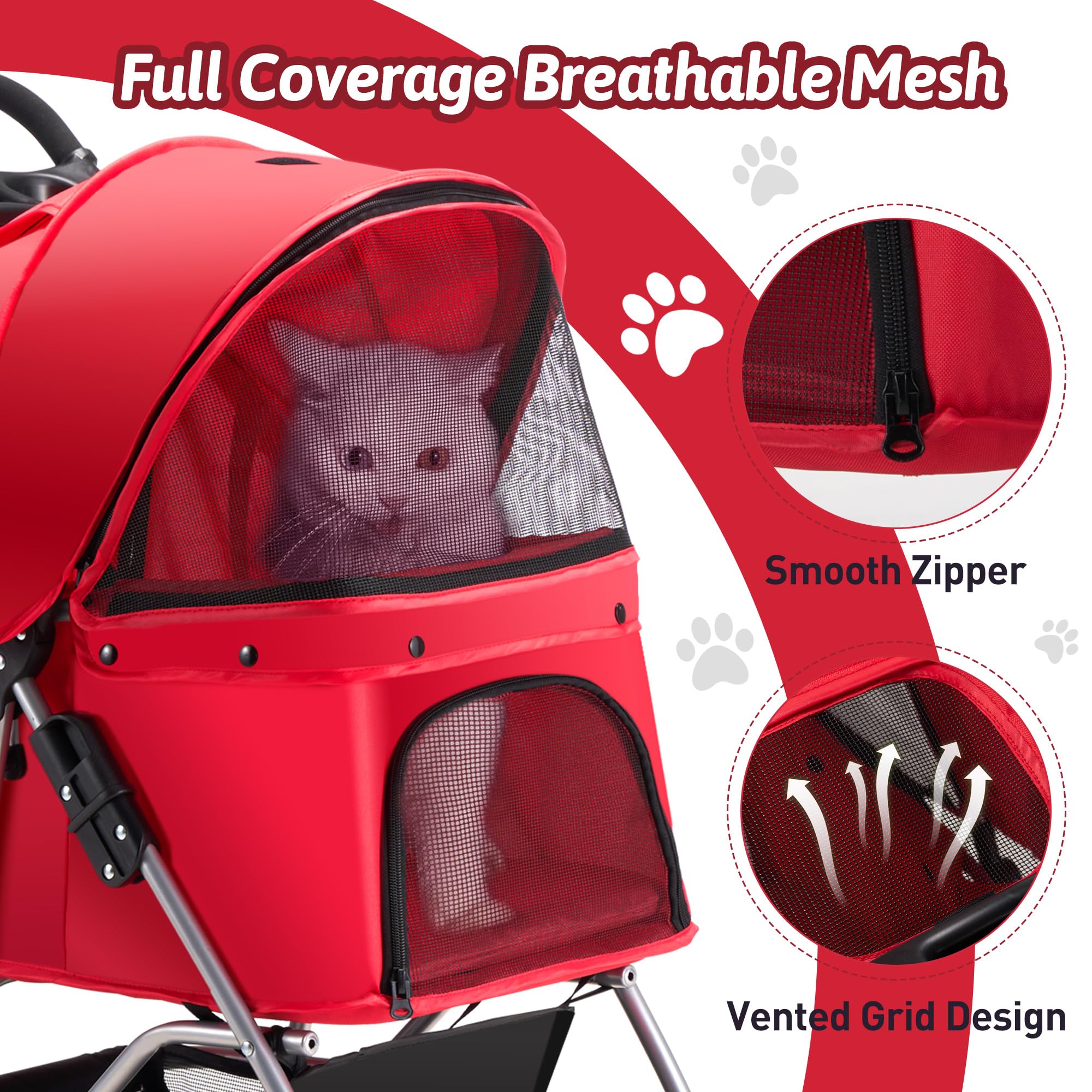 Pet Stroller, 4 Wheels Pet Strolling Cart for Medium/Small Dogs and Cats, Foldable Cat Jogger/Dog Stroller with Cup Holder, Storage Basket, Breathable Mesh, All-Season Pet Carrier, Black