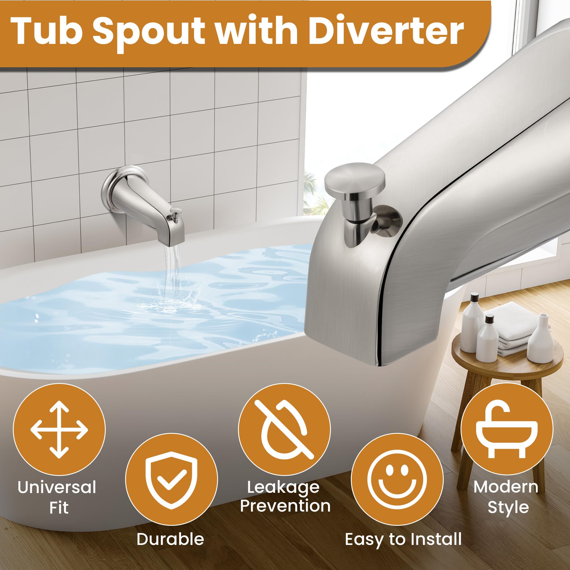 Dreyoo Tub Spout (Universal Fits 1/2" Copper Pipe, 1/2" IPS and 3/4" IPS), Bathroom Bathtub Faucet with Adapters and Hex Wrench(Brushed Nickel,Simple)