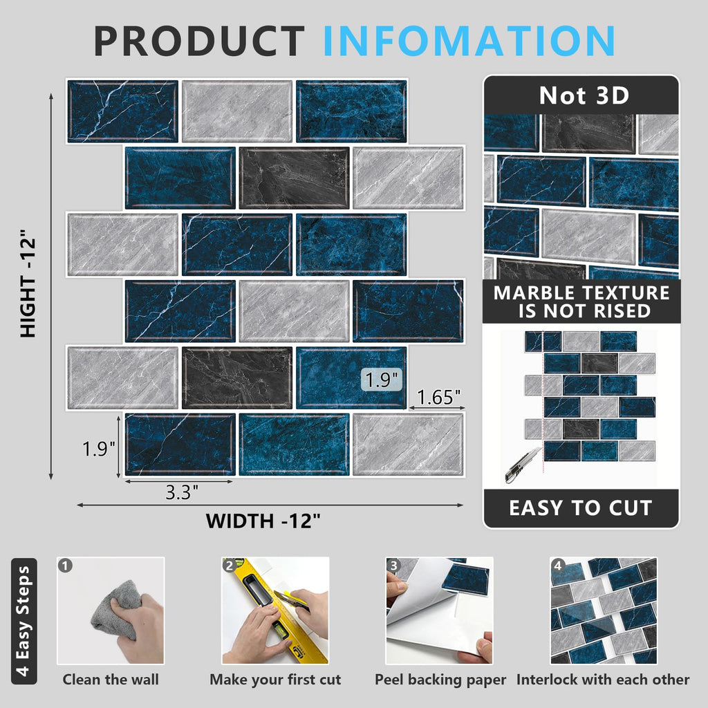 URCOLOR 10-Sheet Back Splashes for Kitchens Peel and Stick,12"x12" Self Adhesive Subway Wall Tiles Stick on backsplash Tiles for Bathroom Black Marble