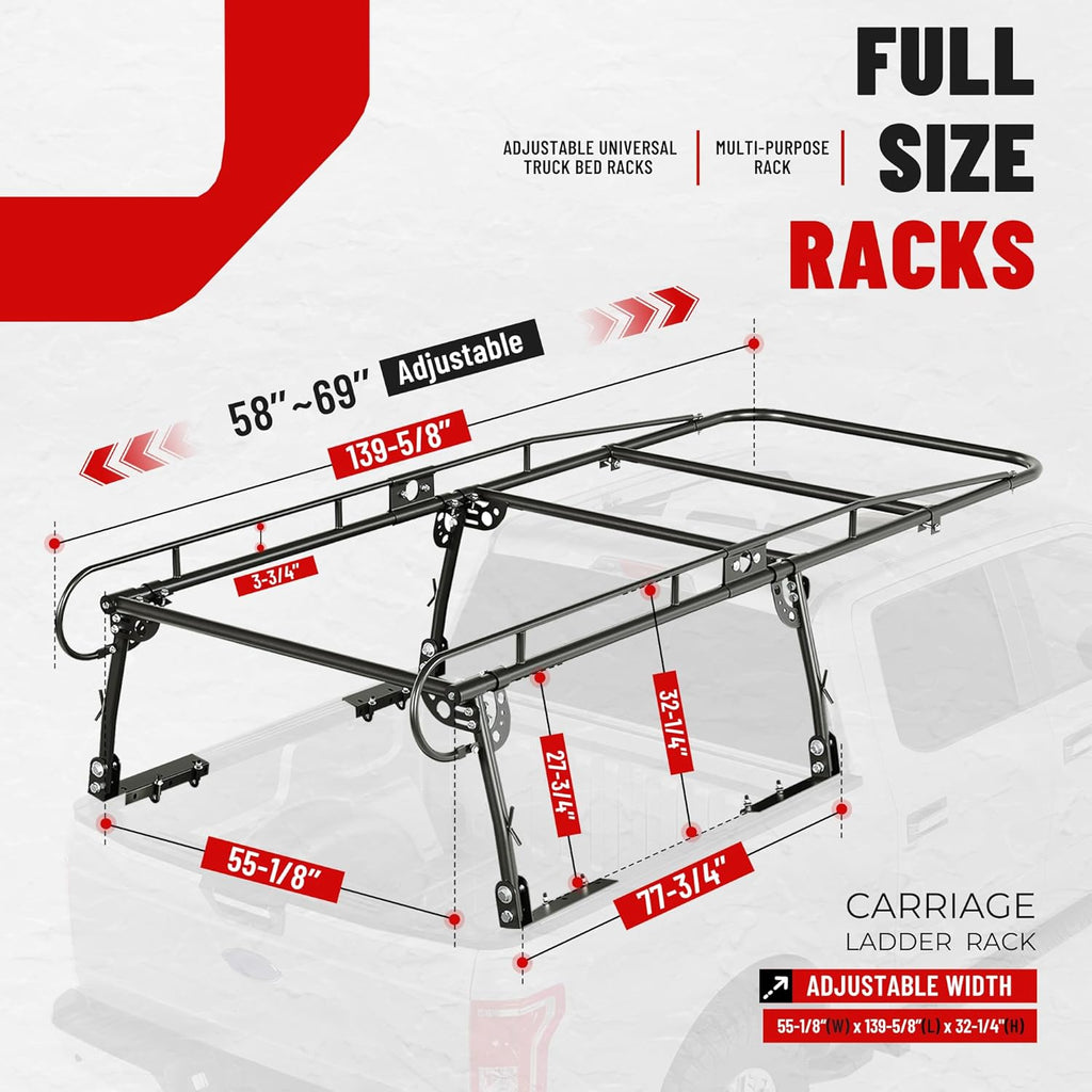 ECOTRIC 1000 LBS Adjustable 58"-69" Universal Truck Bed Rack Contractor Ladder Pickup Lumber Utility Kayak Full Size Rack 60"(W) x 138"(L) x 34"(H) (Notice:You Will Receive Two Packages for This Item)