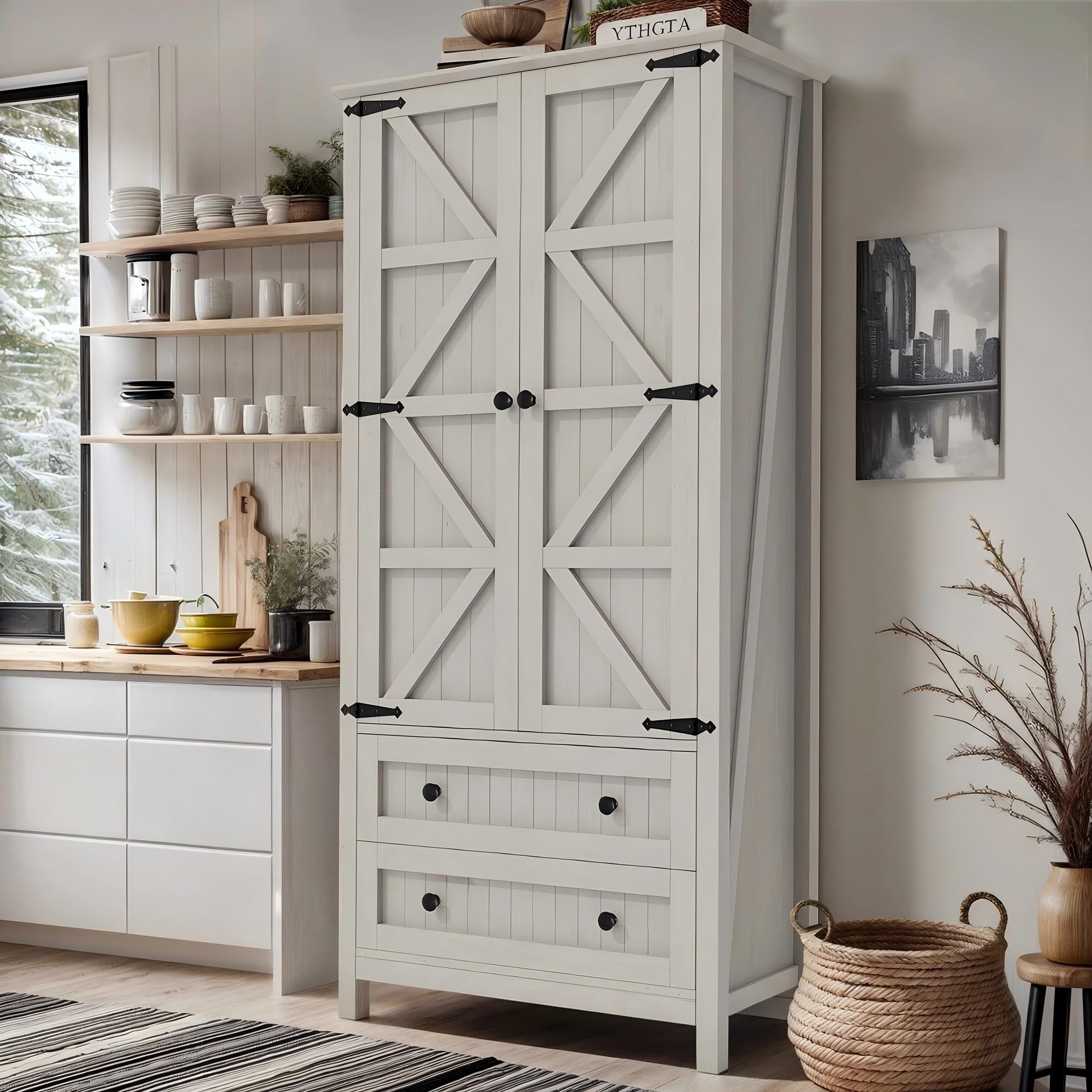 DWVO Farmhouse Kitchen Pantry Cabinet, 64.5" Tall Storage Cabinet with 2 Drawers and Adjustable Shelves, Versatile Storage for Living Room, Dining Room or Hallway, Oak Black