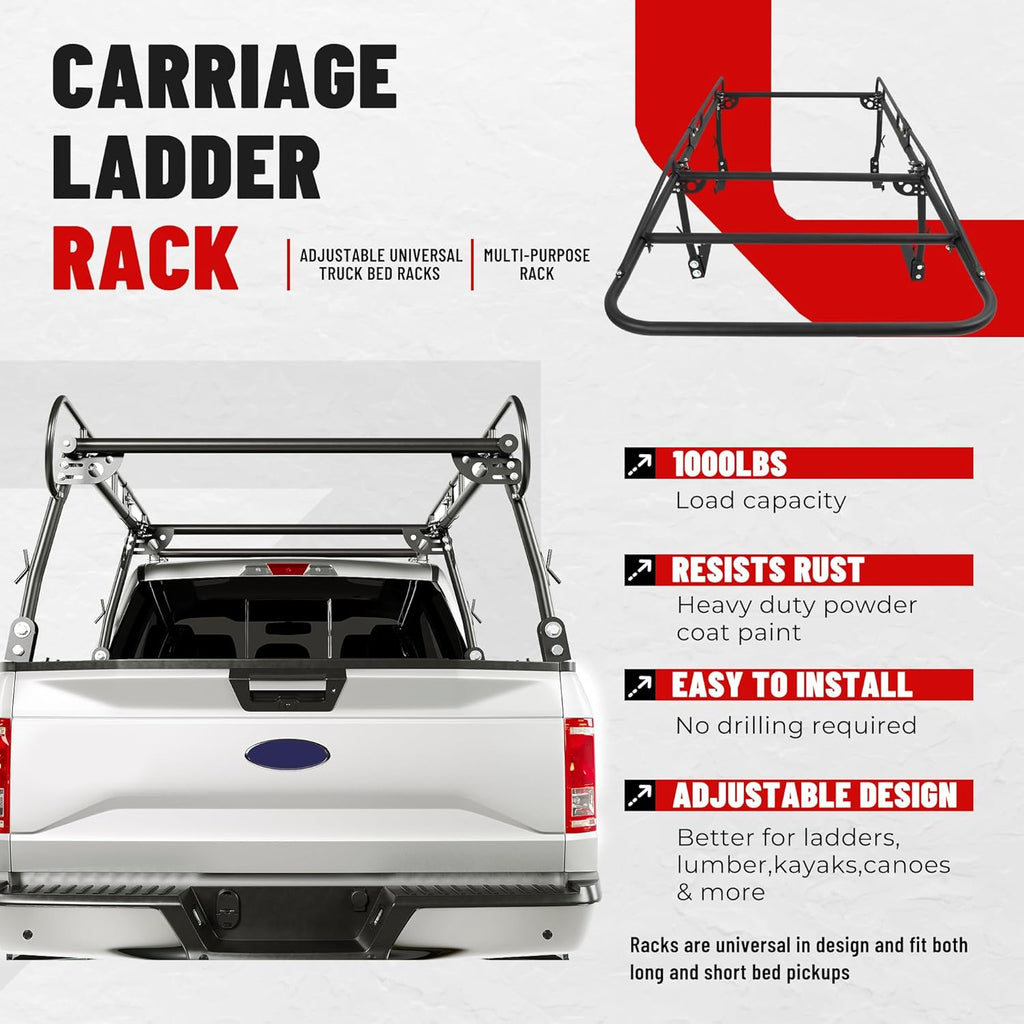 ECOTRIC 1000 LBS Adjustable 58"-69" Universal Truck Bed Rack Contractor Ladder Pickup Lumber Utility Kayak Full Size Rack 60"(W) x 138"(L) x 34"(H) (Notice:You Will Receive Two Packages for This Item)