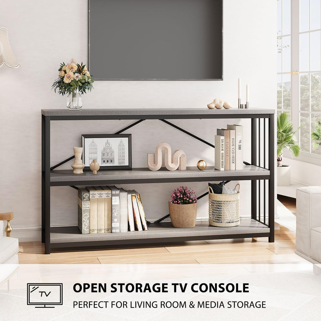 LVB Black Console Table, Modern Entryway Table for Hallway Living Room, Industrial Sofa Table Behind Couch, Farmhouse Wooden Metal Entry Table for Foyer with 3-Tier Storage Shelves, Black Oak, 55 Inch