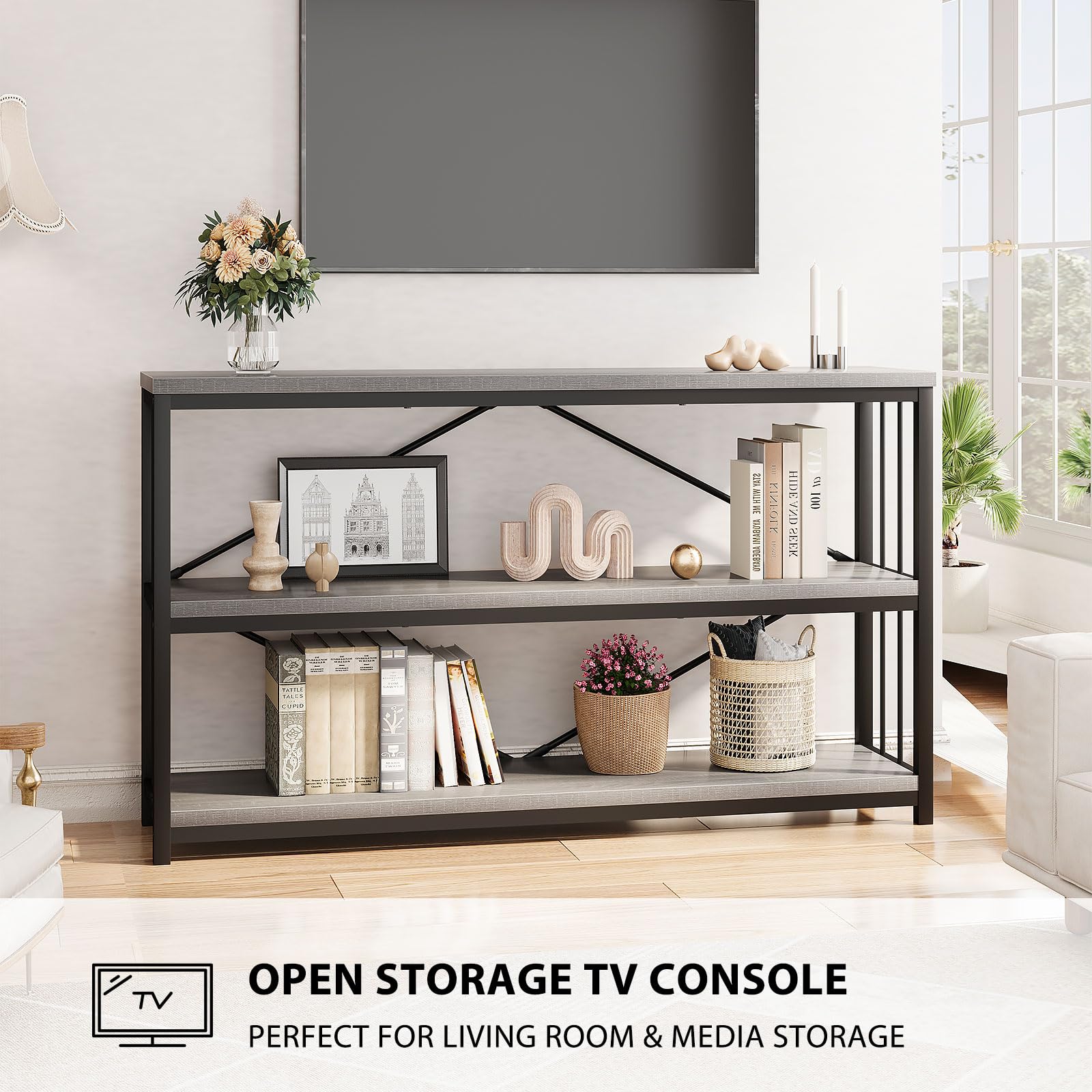 LVB Black Console Table, Modern Entryway Table for Hallway Living Room, Industrial Sofa Table Behind Couch, Farmhouse Wooden Metal Entry Table for Foyer with 3-Tier Storage Shelves, Black Oak, 55 Inch