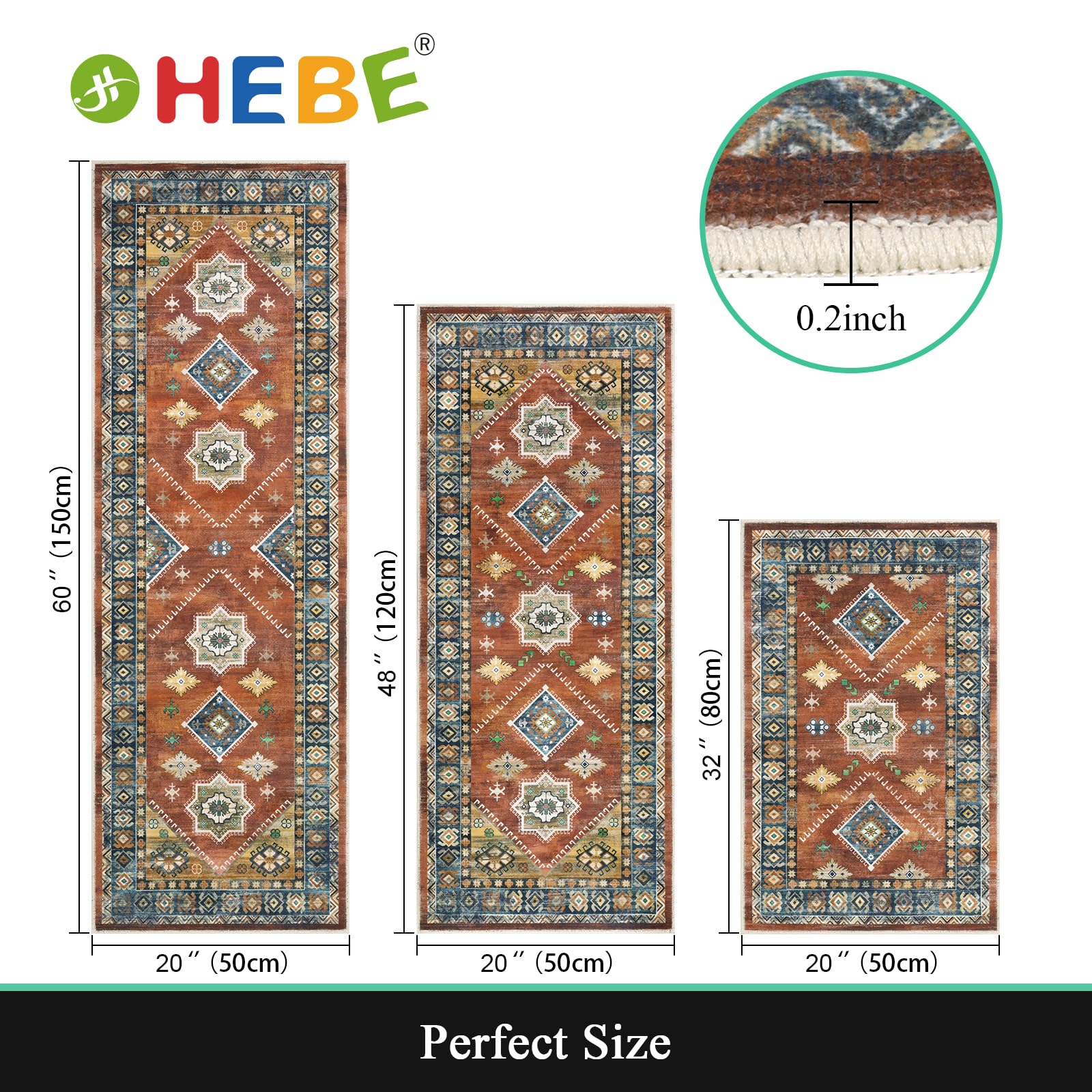 HEBE Boho Kitchen Rug Sets 3 Piece with Runner Non Slip Kitchen Rugs and Mats Washable Kitchen Mats for Floor Thick Kitchen Floor Mat Carpet Runner Rugs for Hallway Laundry Holiday Decor