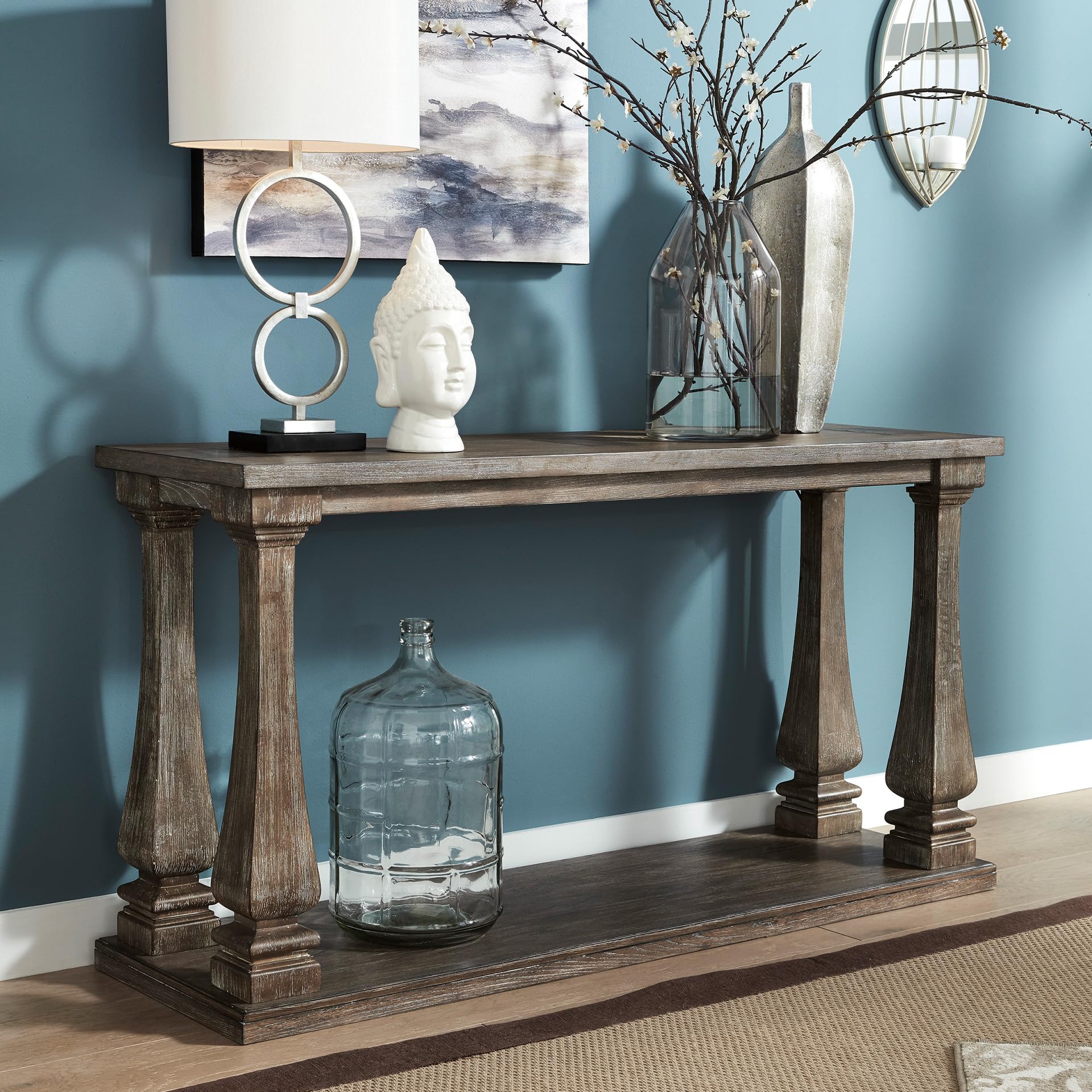 Signature Design by Ashley Mallacar Rustic Cottage Rectangular Sofa Table with Floor Shelf, Black