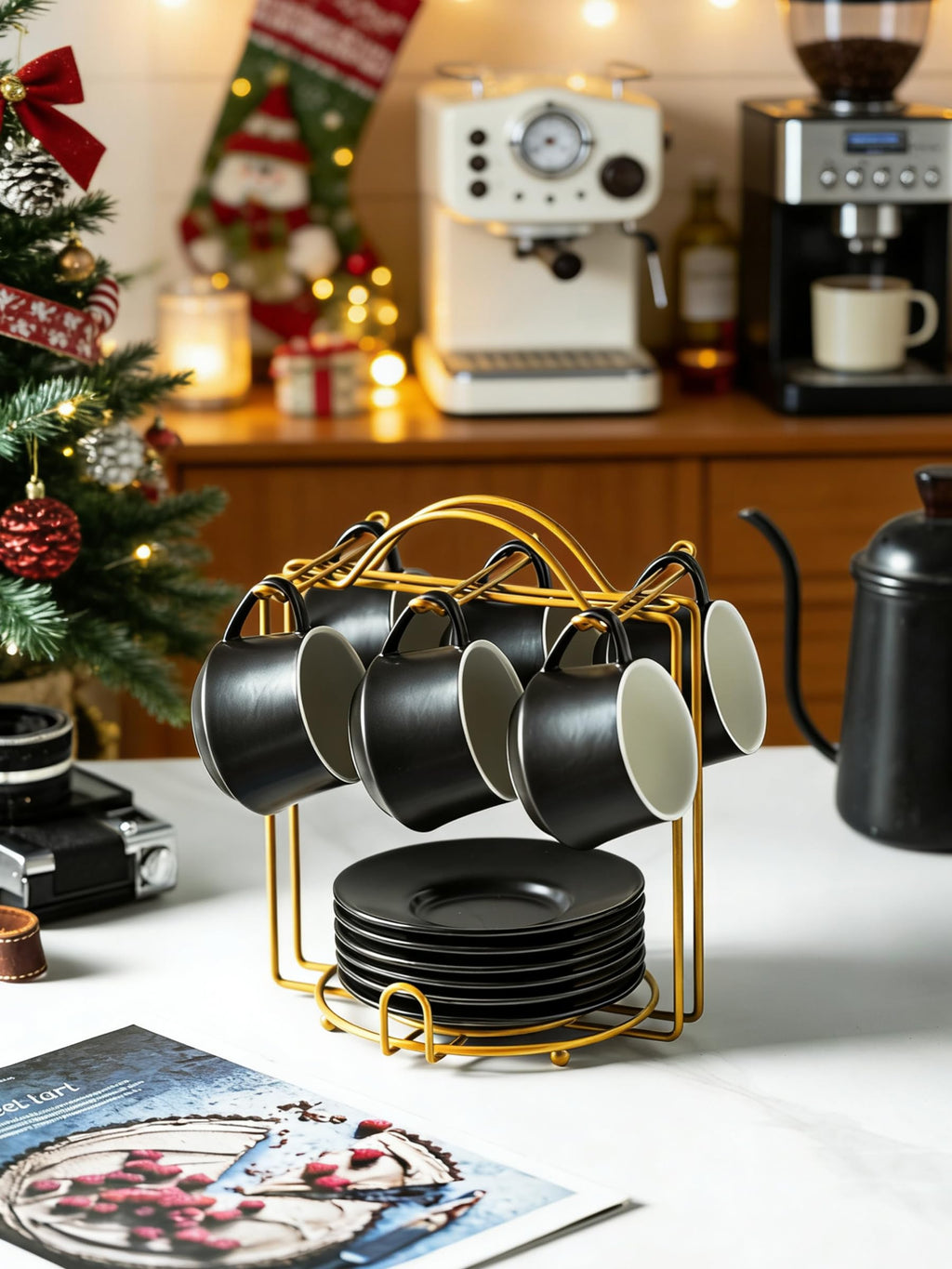 YHOSSEUN Ceramic Espresso Cups Set of 6, 4 OZ Expresso Shots Cup with Stand, Saucers & Spoons, Small Coffee Cup Demitasse Cups for Father's Day, Espresso Accessories for Machine, Black