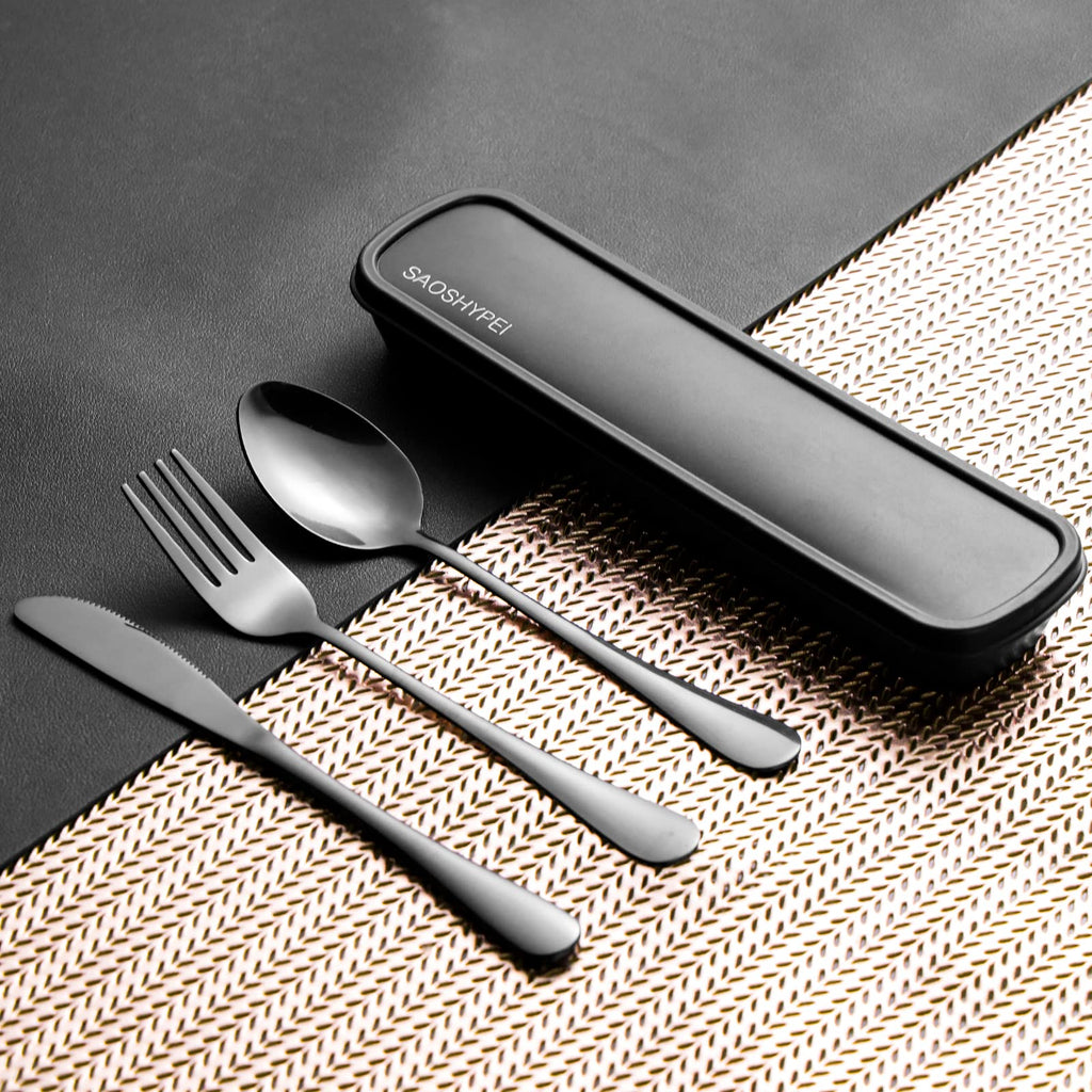 SAOSHYPEI 4-Piece Portable Utensils Set with Travel Case, Reusable Food-Grade Stainless Steel Silverware (Knife, Fork, Spoon), Dishwasher Safe Flatware for Camping, Work Lunch & Picnic, Black