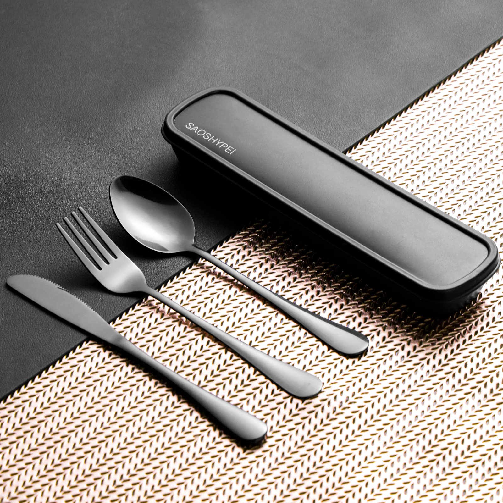 SAOSHYPEI 4-Piece Portable Utensils Set with Travel Case, Reusable Food-Grade Stainless Steel Silverware (Knife, Fork, Spoon), Dishwasher Safe Flatware for Camping, Work Lunch & Picnic, Black