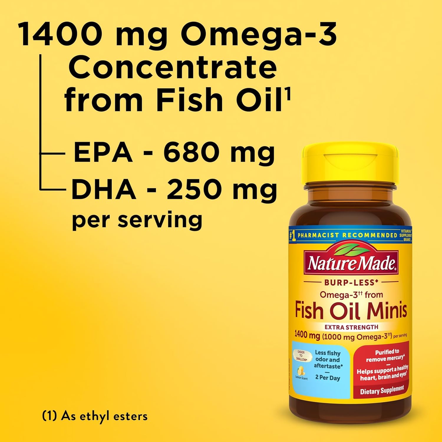 Nature Made Extra Strength Burp Less Fish Oil Omega 3 Supplements 1400 mg Minis, Omega 3 Fish Oil as Ethyl Esters for Healthy Heart Brain Eyes Support, 60 Softgels, 30 Day Supply