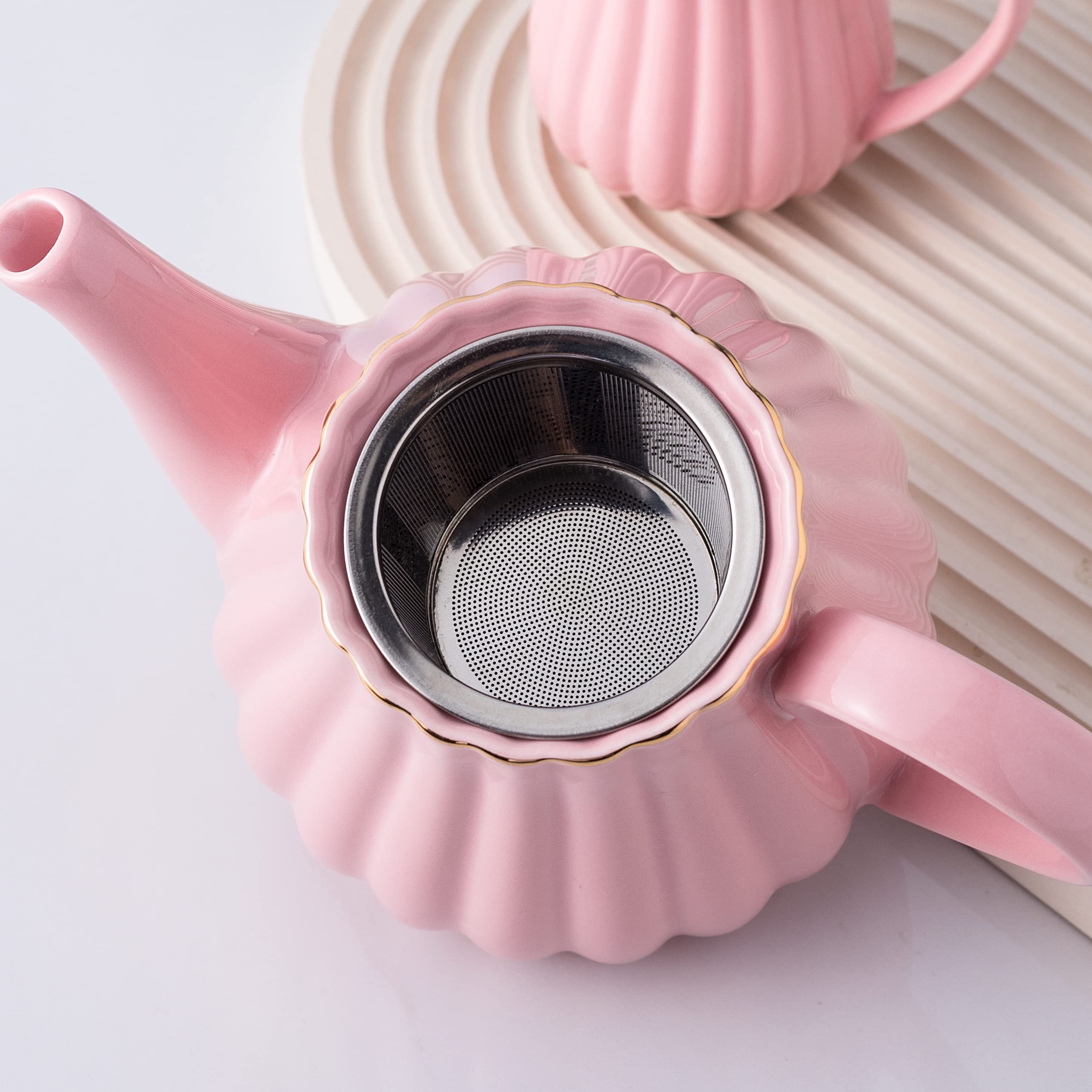 Jusalpha Serve for 6- Fine China Pink Coffee Cup/Teacup Set, 8 OZ Cups& Saucer, with Teapot-Sugar Bowl-Cream Pitcher Teaspoons and tea strainer for Tea/Coffee (Lavender, Serve of 6)