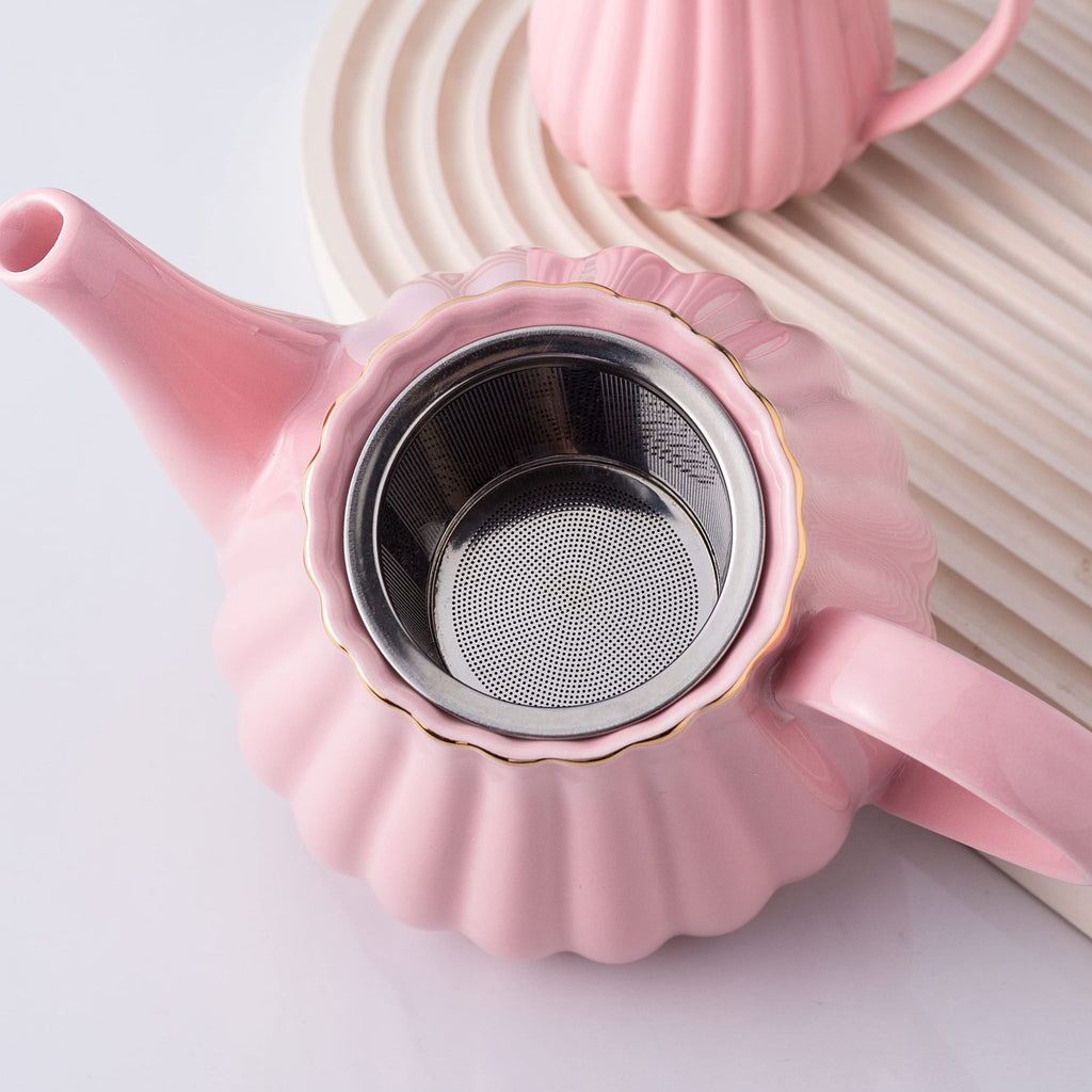 Jusalpha Serve for 6- Fine China Pink Coffee Cup/Teacup Set, 8 OZ Cups& Saucer, with Teapot-Sugar Bowl-Cream Pitcher Teaspoons and tea strainer for Tea/Coffee (Lavender, Serve of 6)