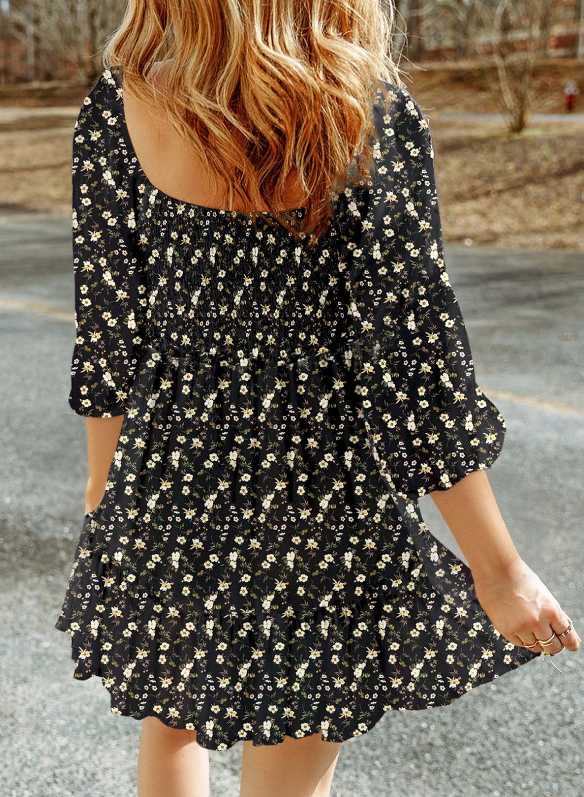 Dokotoo Fall Dresses for Women 2025 Boho Floral Square Neck Smocked 3/4 Sleeve Casual A-Line Swing Mini Dress Sundress