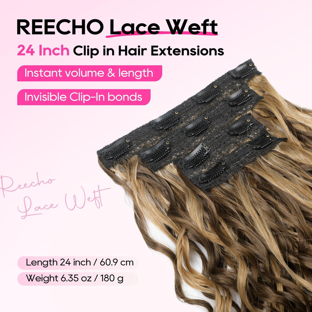 REECHO Curly Hair Extensions, 4PCS 16 inch Clip in Hair Extensions Lace Weft Short Curly Hair Extensions Clip Ins Invisible Natural Hairpieces for Women, Ash Blonde with Highlights