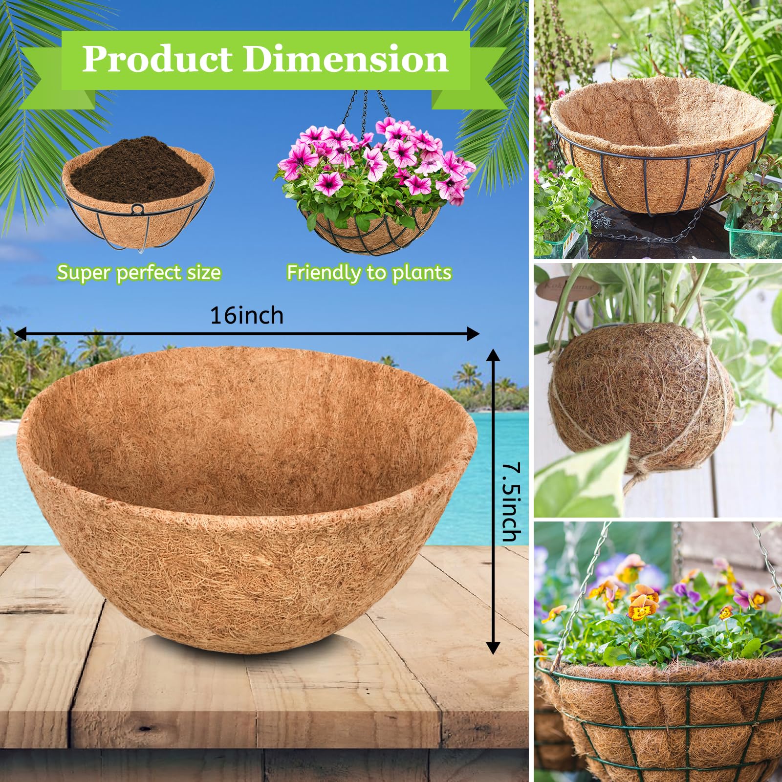 Riare 2 Pack 12 Inch Round Coco Liners Replacement, 100% Natural Coconut Coir Liners for Hanging Baskets, Garden Flower Vegetables Planter Pot, Window Box, Fence, Decks