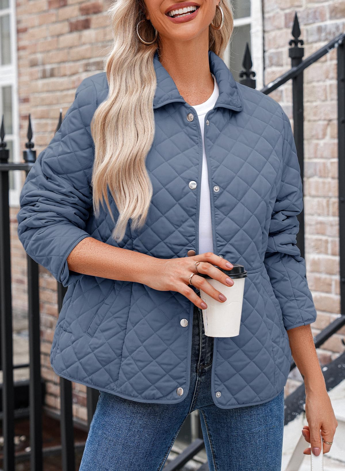 Dokotoo Women's Winter Quilted Jackets Long Sleeve Button Down Diamond Puffer Jacket Outerwear Coats with Pockets