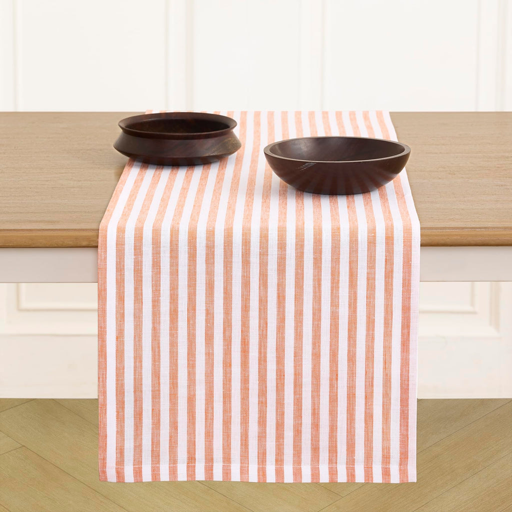 Solino Home Linen Table Runner 36 Inches - Amalfi Stripe 100% Pure Linen Natural and White Table Runner 14 x 36 Inch Ideal for Dresser and Coffee Tables - Summer
