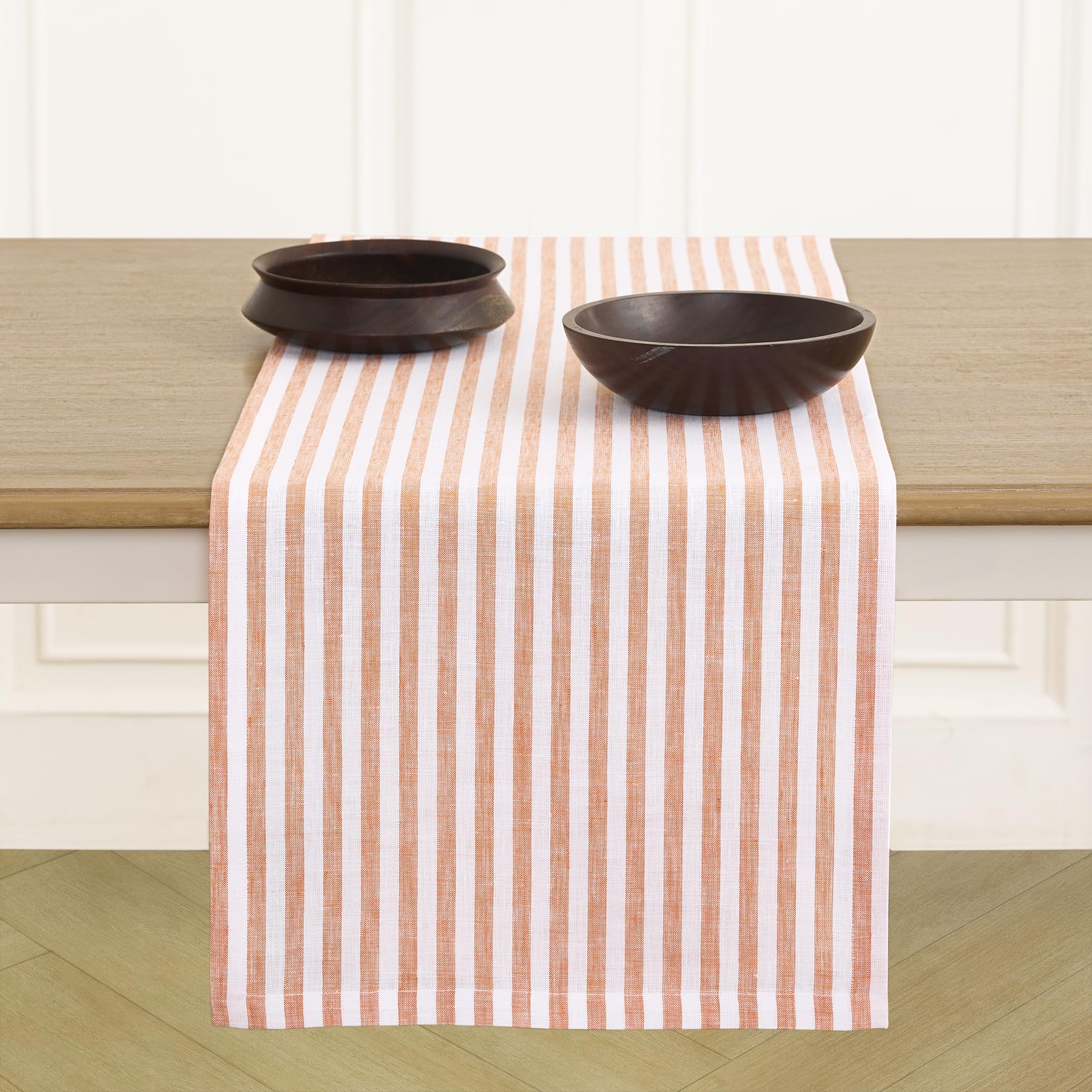 Solino Home Linen Table Runner 36 Inches - Amalfi Stripe 100% Pure Linen Natural and White Table Runner 14 x 36 Inch Ideal for Dresser and Coffee Tables - Summer