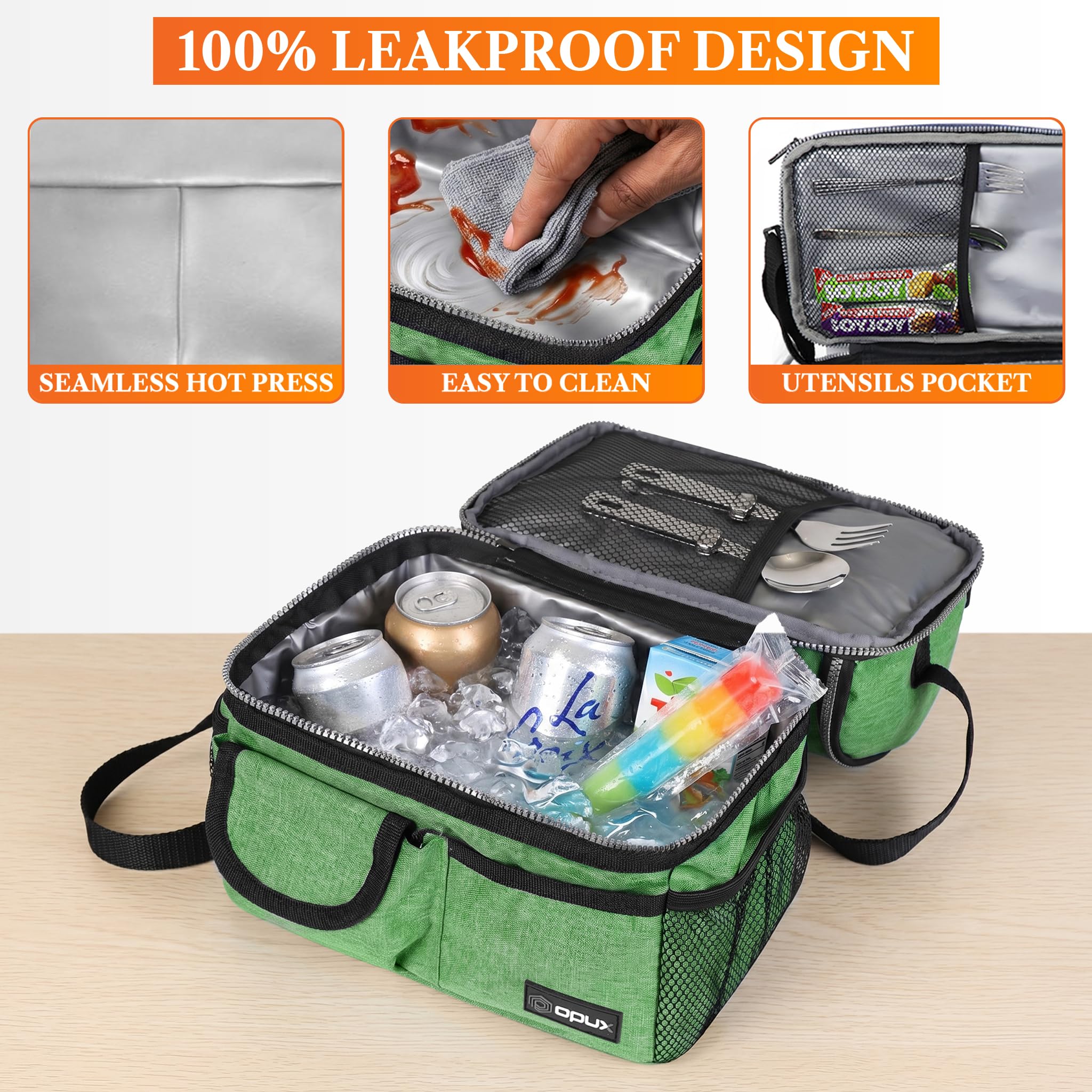 opux Insulated Lunch Bag Women Men, Dual Compartment Leakproof Lunch Box Adults Kids, Double Decker Meal Prep Bento Lunch Cooler Tote with Shoulder Strap for Work Office School Travel, Black