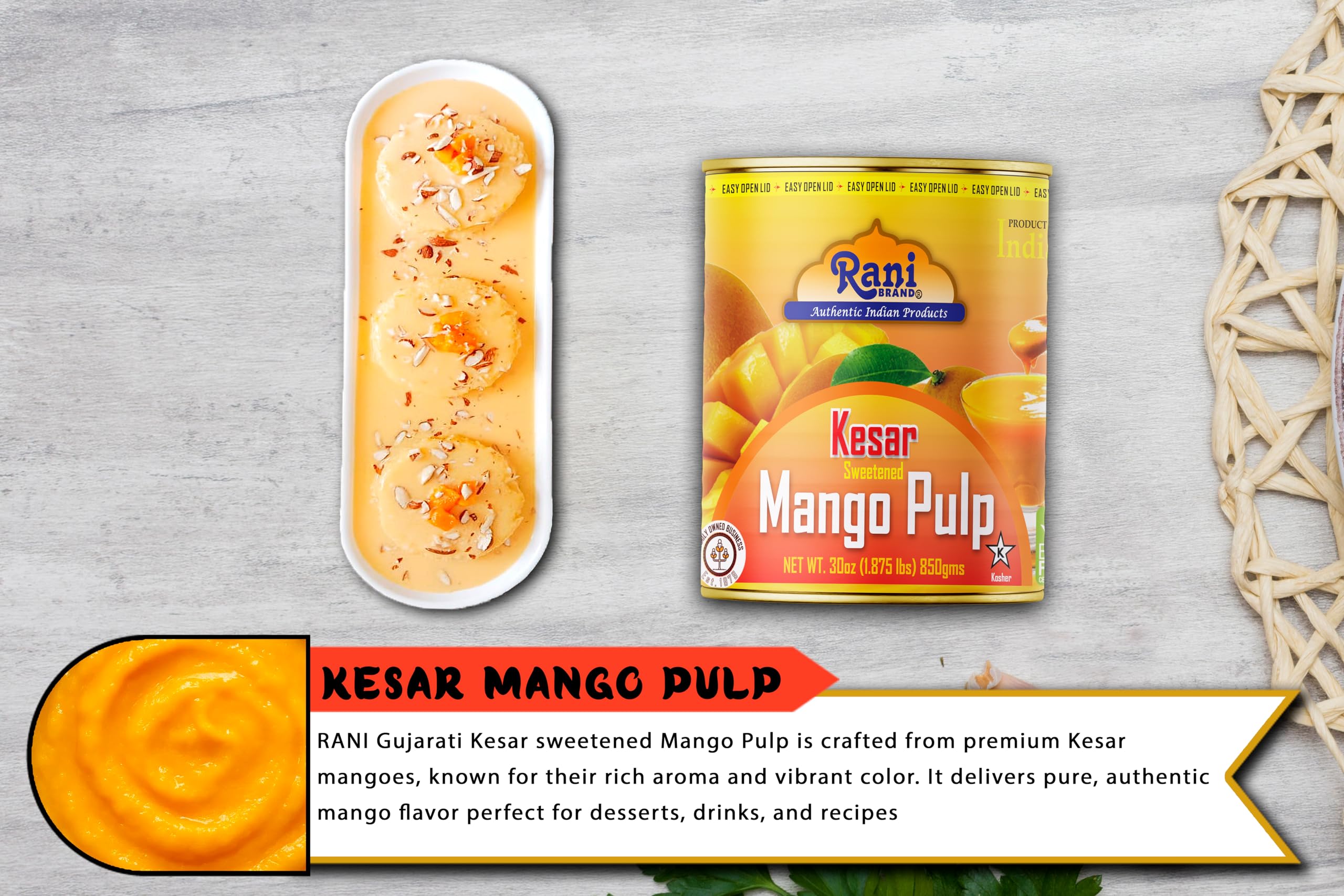 Rani Mango Pulp Puree (Makes Mango Lassi Shakes) Alphonso Sweetened 30oz (1.875lbs) 850g ~ Kosher | All Natural | NON-GMO | Vegan | No colors | Gluten Friendly | Indian Origin