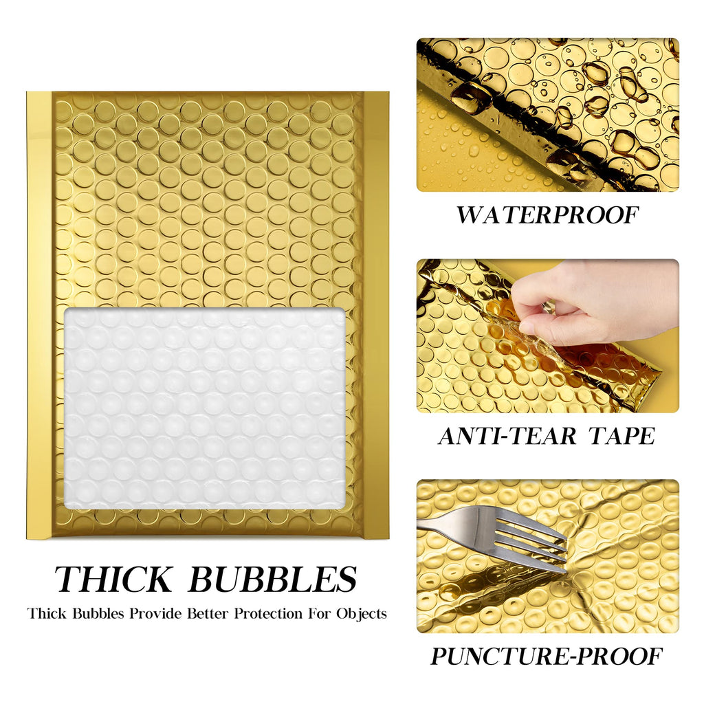 Fuxury Gold Bubble Mailers 4x8" 50 Pack, Usable Size 4X7" Strong Adhesion Metallic Bubble Envelopes,Waterproof Padded Envelopes Small Padded Mailer, Cute Packing for Jewelry, Makeup Supplie,Bulk #000