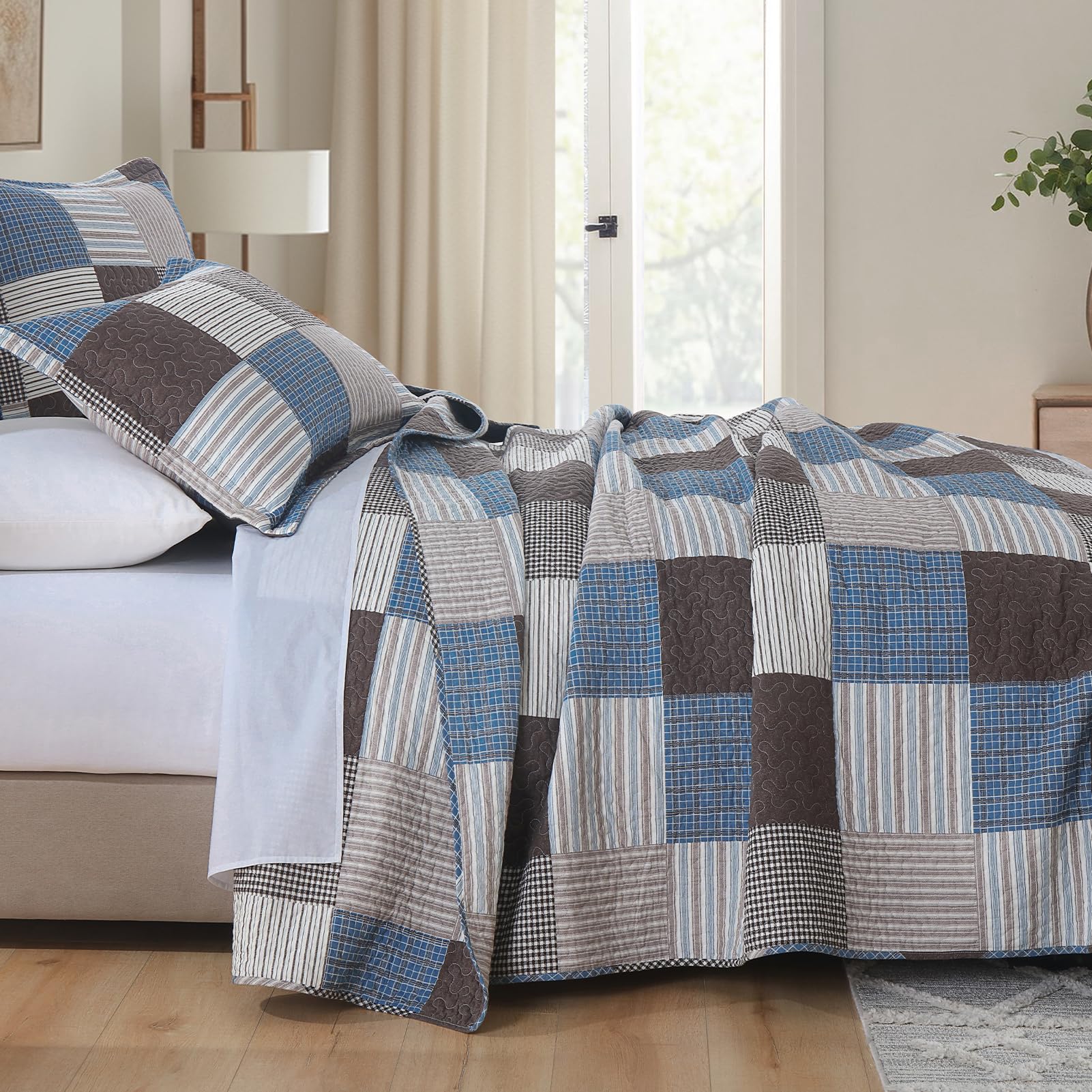 Y-PLWOMEN 100% Cotton Farmhouse Plaid Lightweight 3-Pieces Quilt Set (Blue Brown, Queen90 * 98 Inch)