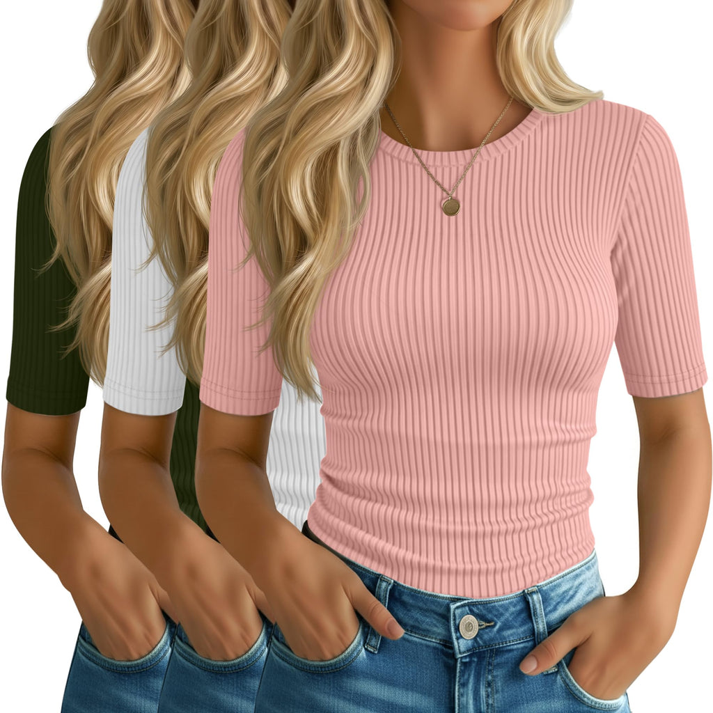 Riyiper 3 Pack Women's Elbow Length Tops, Half Sleeve Ribbed Cotton T Shirt Crew Neck Summer Tee Slim Fit Casual Blouses