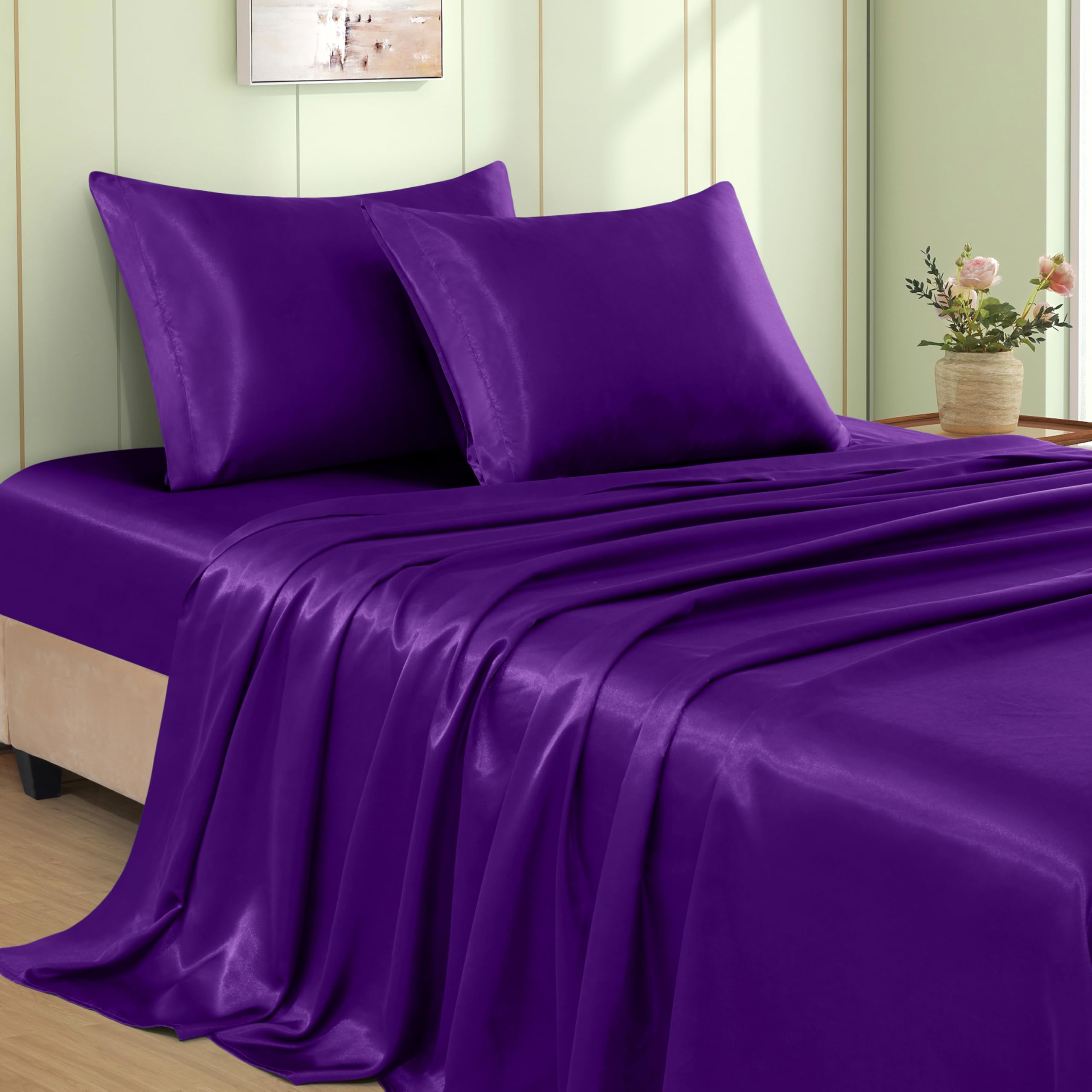 VACVELT 3pcs Beige Satin Sheets Twin Size Bed Set, 15 Inch Deep Pocket Silky Satin Sheet Set, Soft Satin Bedding Set Cooling & Luxury Bed Sheets, 1 Fitted Sheet + 1 Flat Sheet + 1 Pillowcase