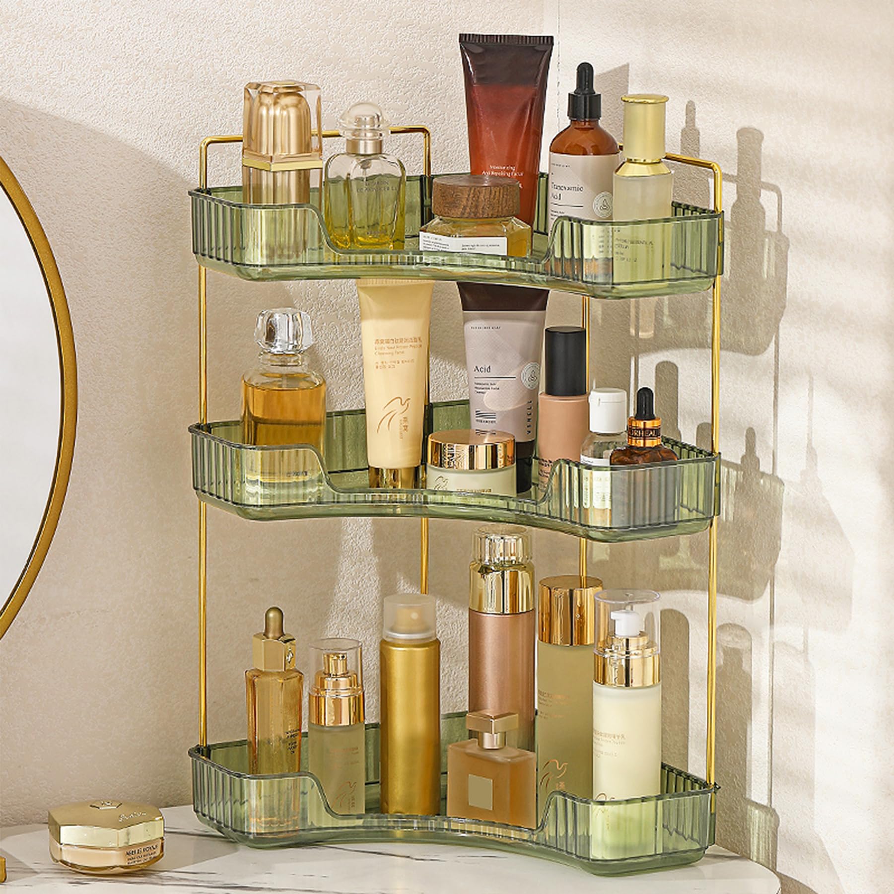 Aveniee Corner Bathroom Counter Organizer, Bathroom Countertop Shelf Makeup Organizer for Vanity Perfume Tray for Corner Storage (2 Tiers, Gold)