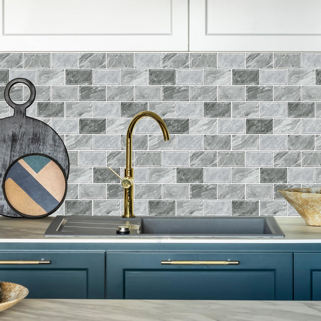 URCOLOR 10-Sheet Back Splashes for Kitchens Peel and Stick,12"x12" Self Adhesive Subway Wall Tiles Stick on backsplash Tiles for Bathroom Black Marble