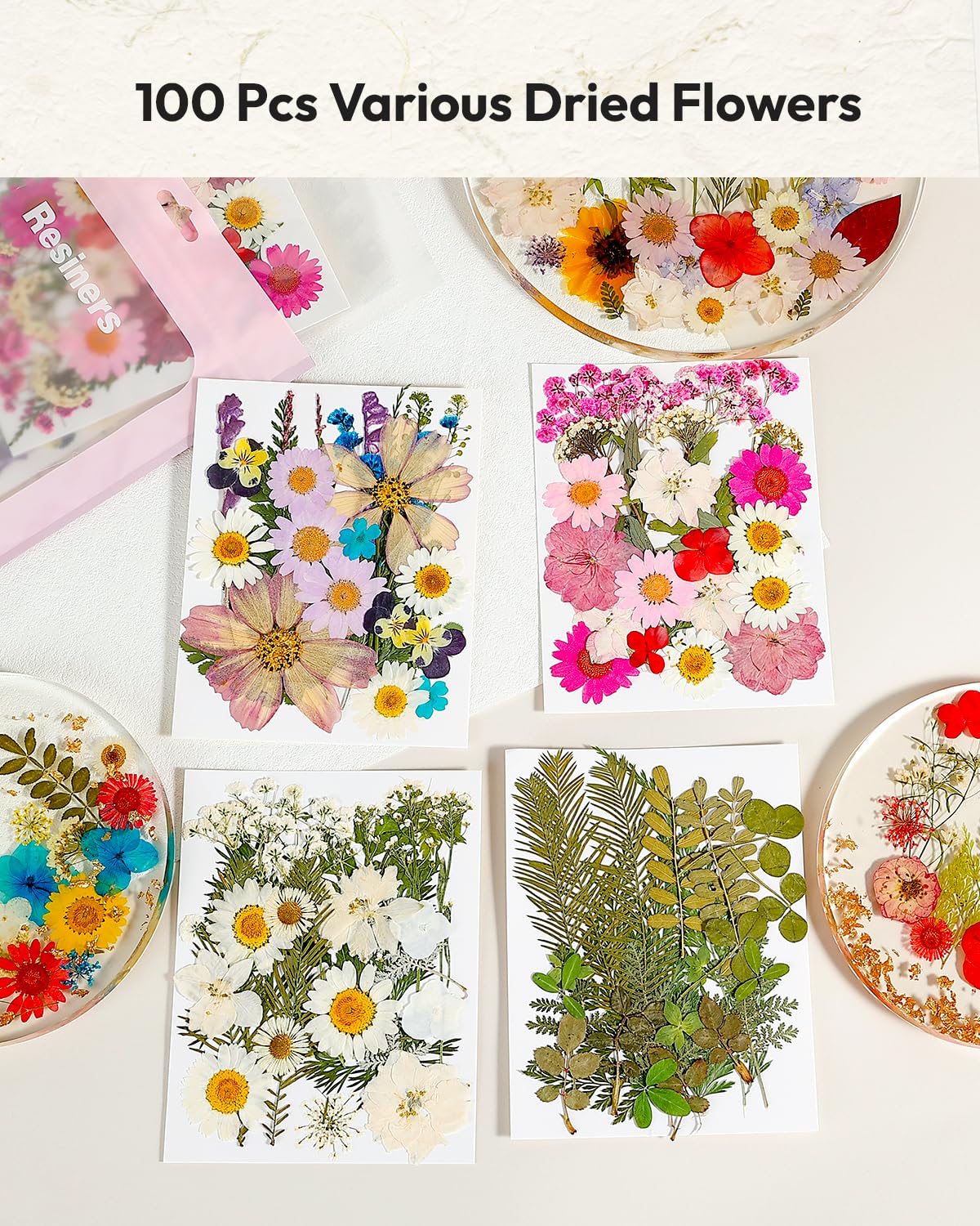Dried Flowers, Resiners 58Pcs Pressed Flowers for Craft Pink Real Natural Dried Flowers Dry Leaves Kit for DIY Making Crafts Resin Soap Candle Scrapbook Supplies Card Making Jewelry