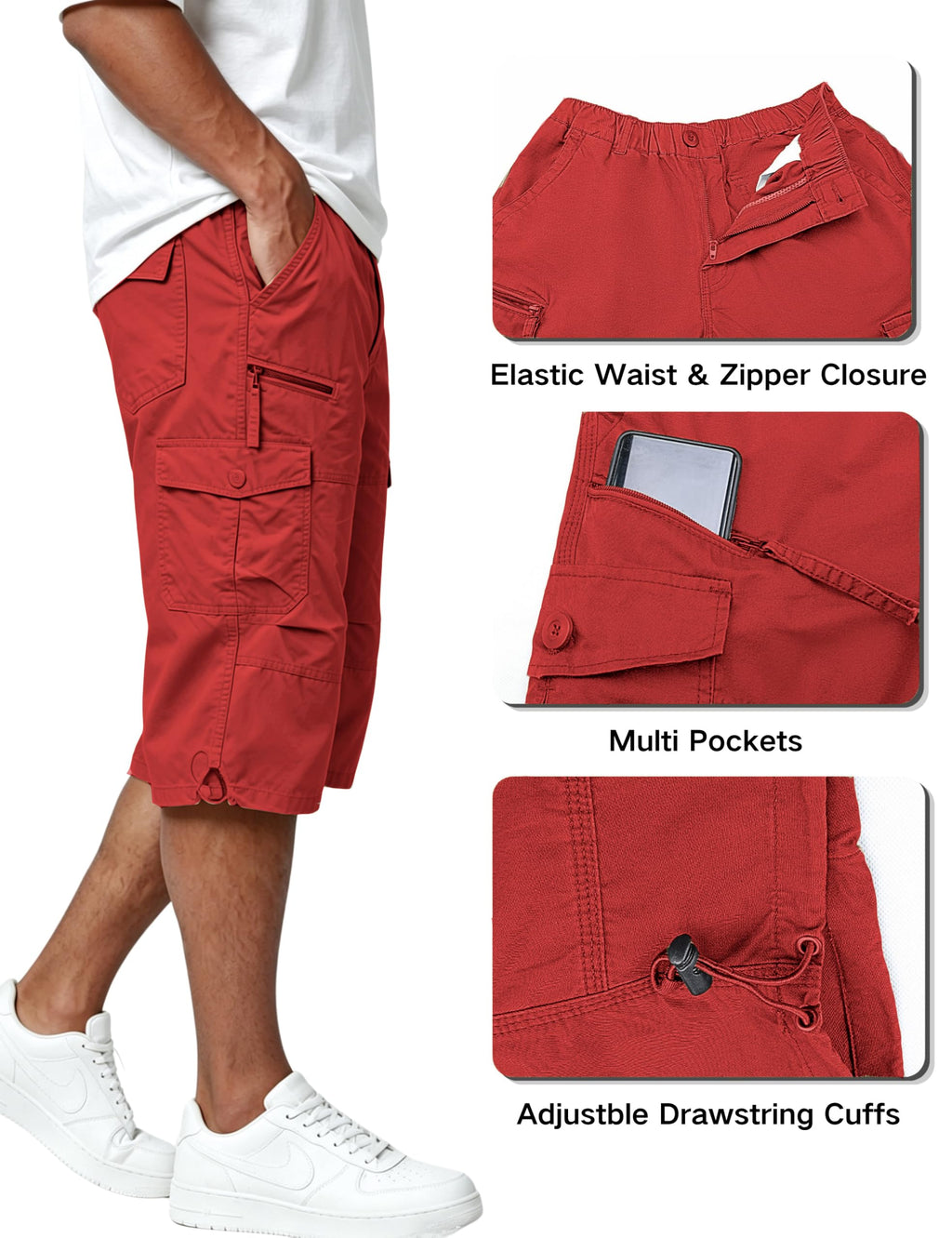 EKLENTSON Men's Cargo Shorts Casual Twill Elastic 3/4 Capri Pants Below Knee Long Shorts with 7 Pockets