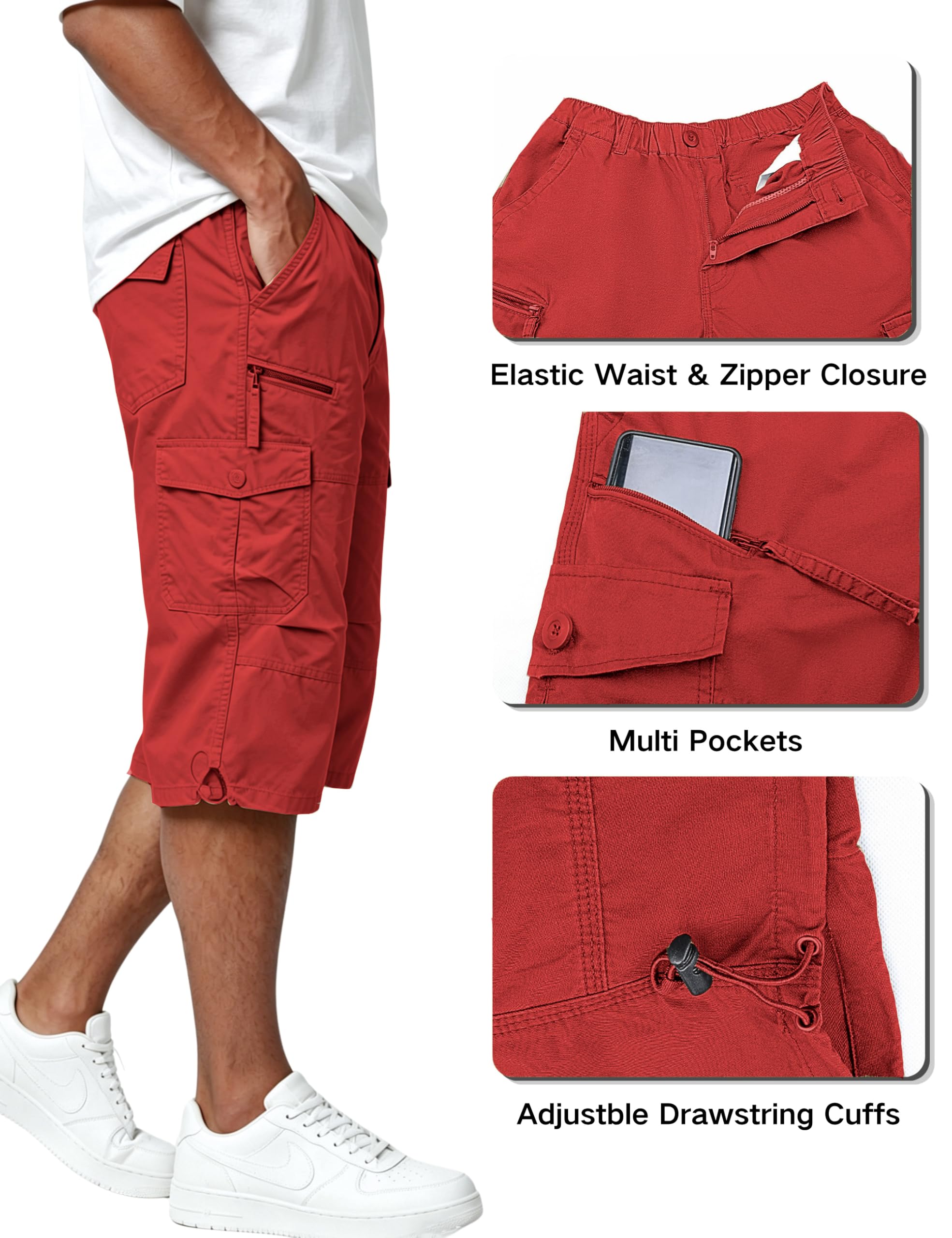 EKLENTSON Men's Cargo Shorts Casual Twill Elastic 3/4 Capri Pants Below Knee Long Shorts with 7 Pockets