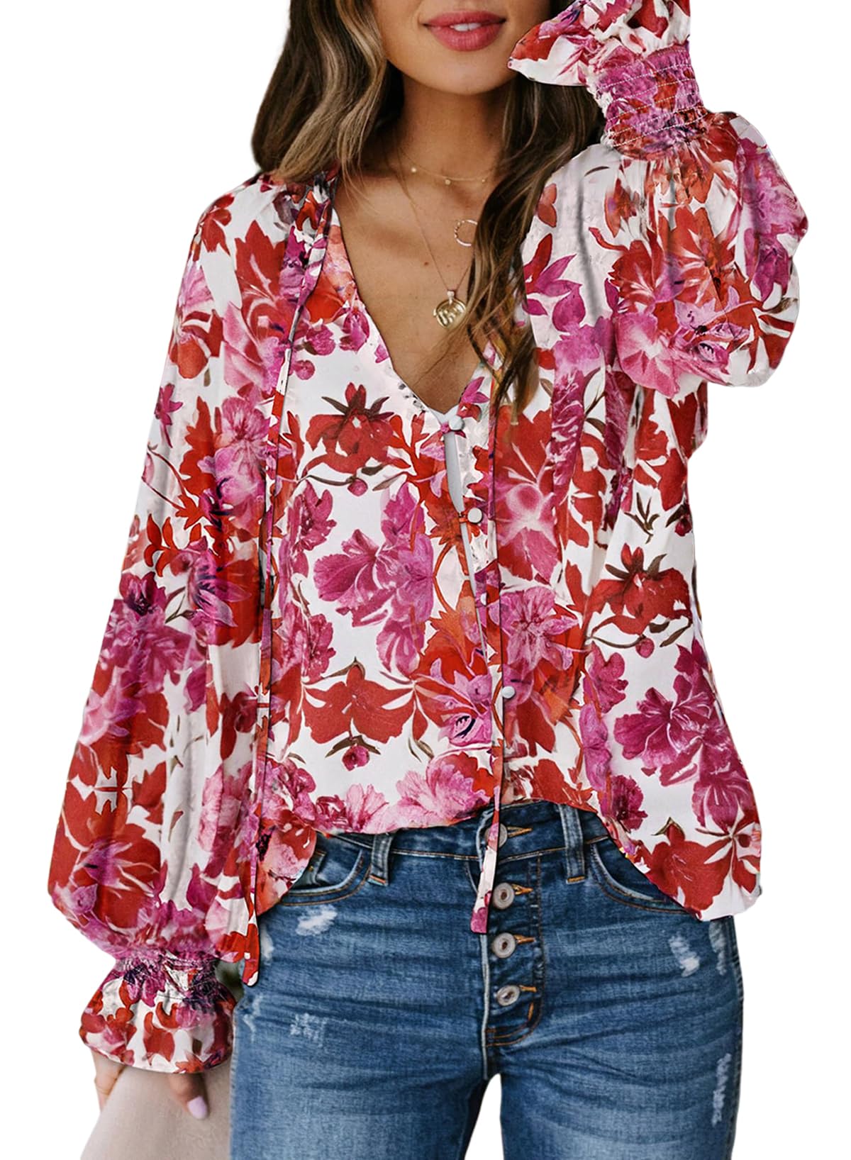 Biucly Women's Casual Boho Floral Print V Neck Long Sleeve Drawstring Tops Loose Blouses Button Down Shirts