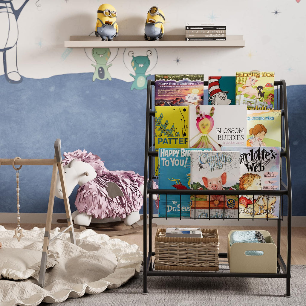 aboxoo Metal Kids Bookshelf Black Large Freestanding for Children Room 32 in Toy Organizer Large Stable Bookcase Bookstore Library Book Unit Storage Kids Bed Living Room
