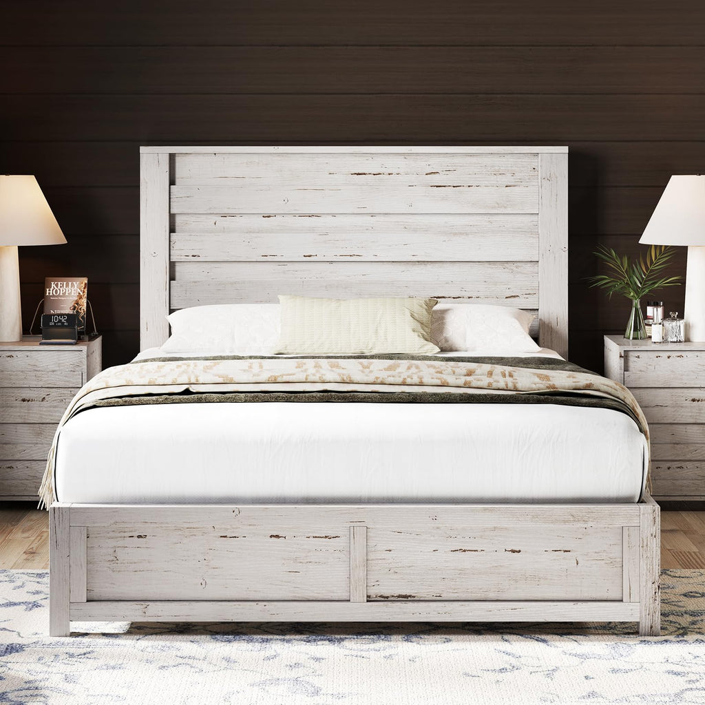 AMERLIFE Farmhouse Full Size Bed Frame with 49" Fluted Headboard, Wood Platform Bed with Natural Grain, No Box Spring Needed/Noise Free, Black