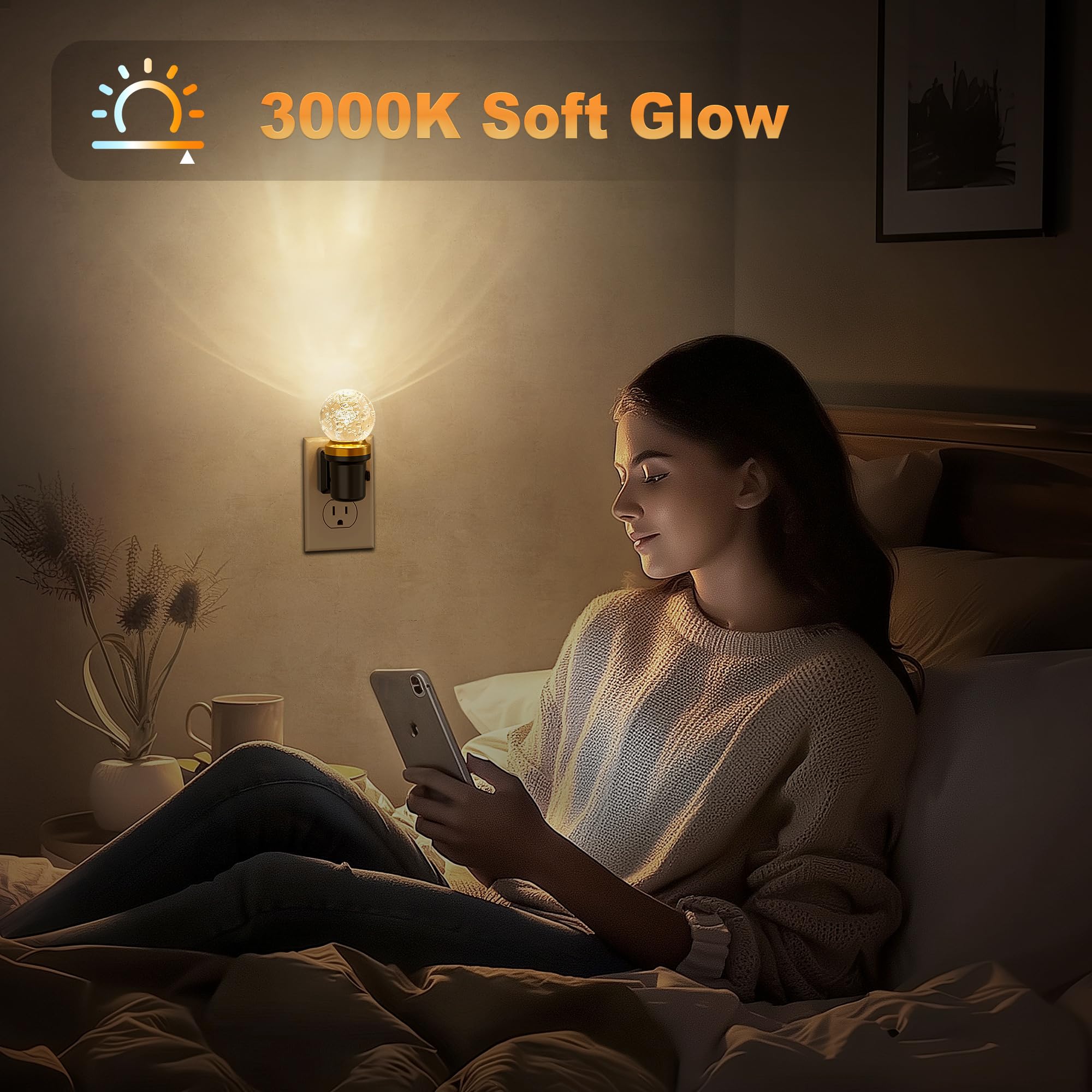 JandCase Night Lights Plug into Wall, Dusk to Dawn Sensor, 3000K Soft White LED, Acrylic Design, 0-100lm Adjustable Brightness, for Bedroom, Bathroom, Living Room, Hallway