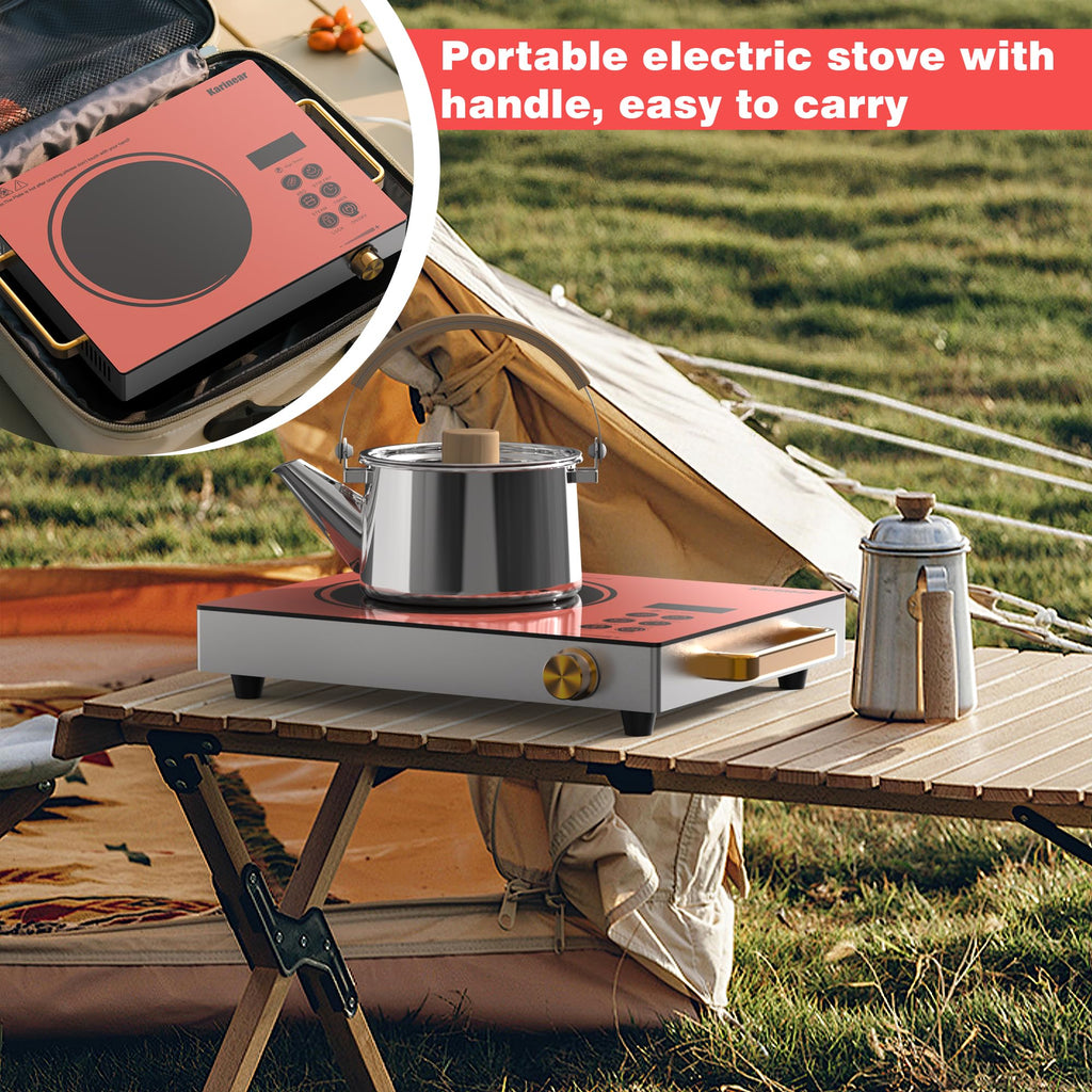 Karinear Portable Electric Stove 110V, 1800W Electric Hot Plate with Handle, Knob Control Single Burner Electri Cooktop, Ceramic Infrared Countertop Burner, Timer, Safety Lock(Green)