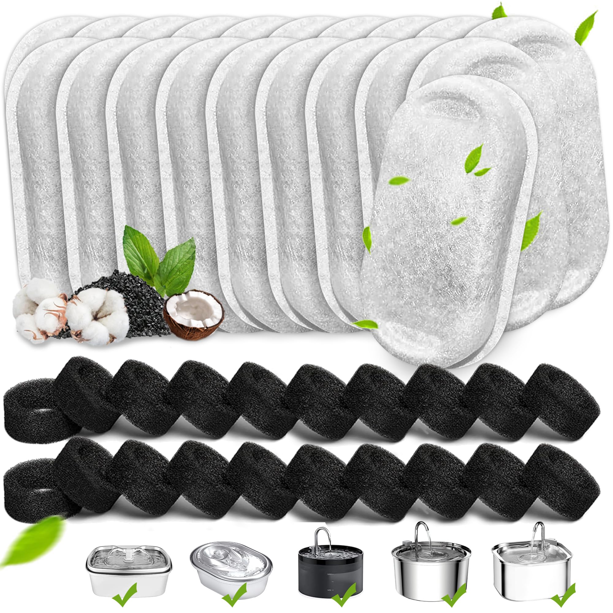Cat Water Fountain Filters, 20Pack Cat Fountain Replacement Filters for Stainless Steel 108oz/3.2L& 67oz/2L adjustable Water Flow Pet Water Fountain,Dog Water Fountain Filters（10 Filters& 10 Sponges)