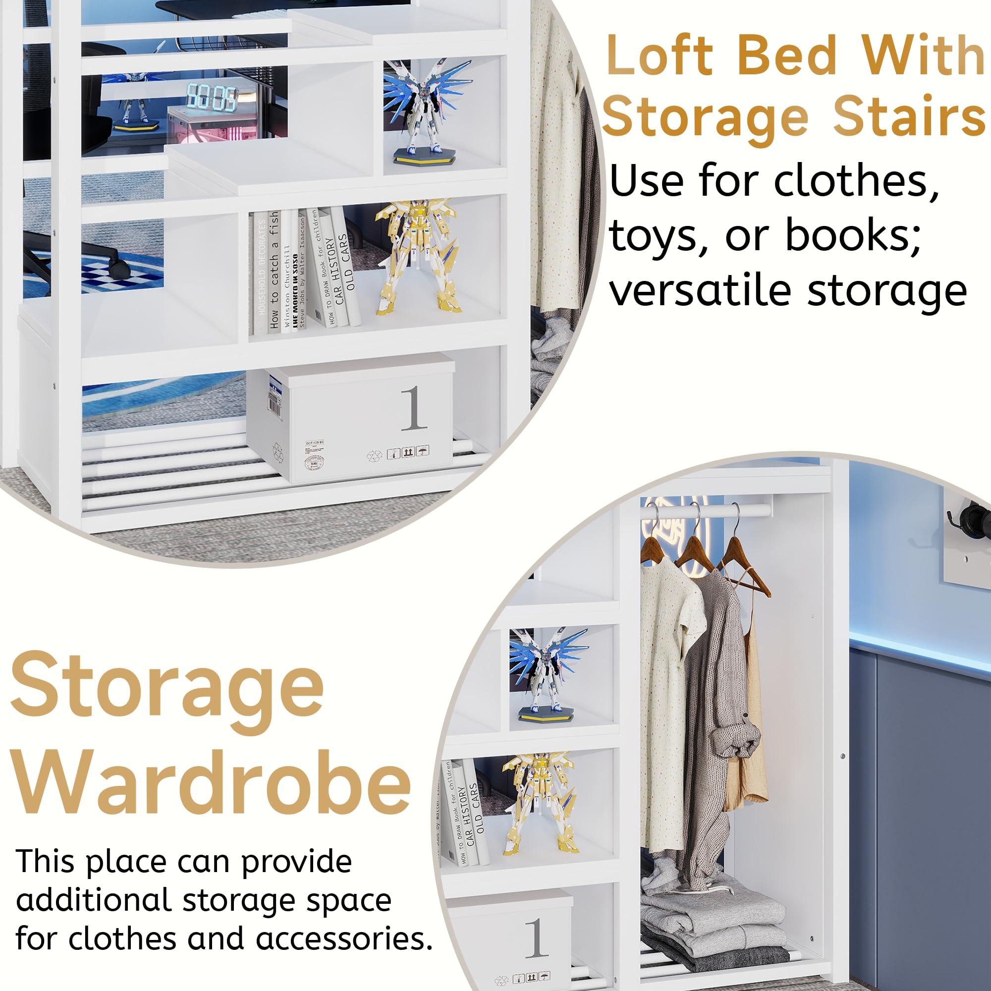 Mirightone Full Size Loft Bed with Stairs, Metal Loft Beds, High Loft Bed Frame with Storage Shelves, Lofted Full Bed with Wardrobe for Kids and Teens, No Box Spring Needed (Black)