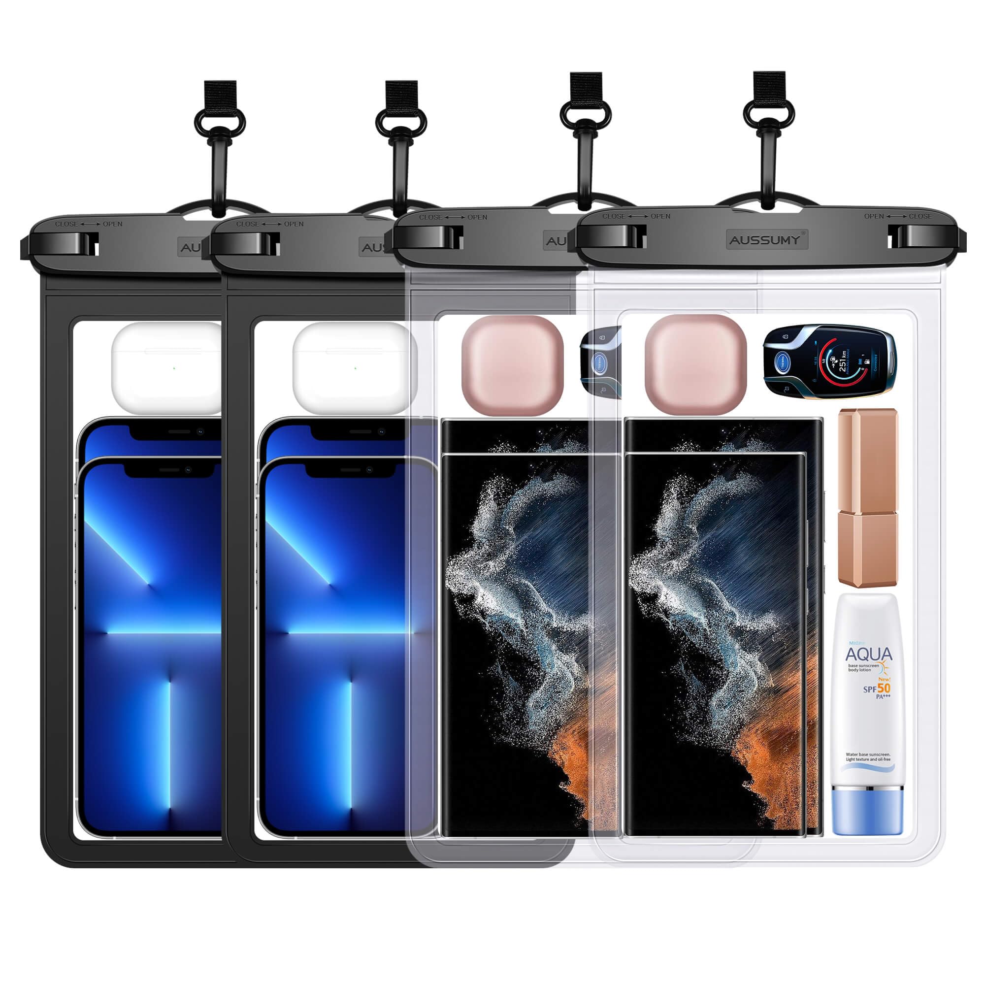 4 Pack 10.5“ Large Waterproof Phone Pouch - Underwater Clear Cell Holder - Universal Water Proof Dry Bag with Neck Lanyard for iPhone 16 Pro Max Samsung Galaxy with Heavy Case for Beach Swimming Pool