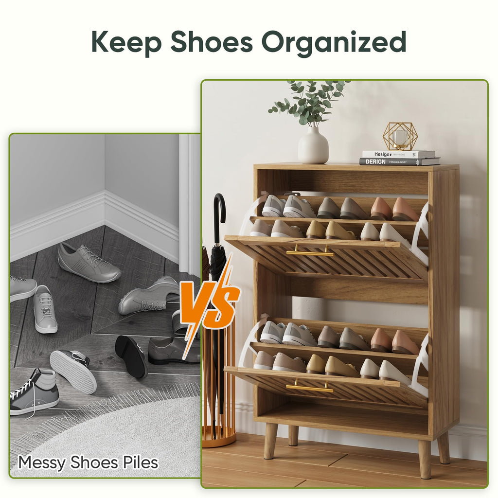 Smart FENDEE Shoe Cabinet with 2 Flip Slatted Drawers, Farmhouse Slim Shoe Organizer Rack with Golden Handles, Freestanding Hidden Entryway Storage for Hallway, Natural