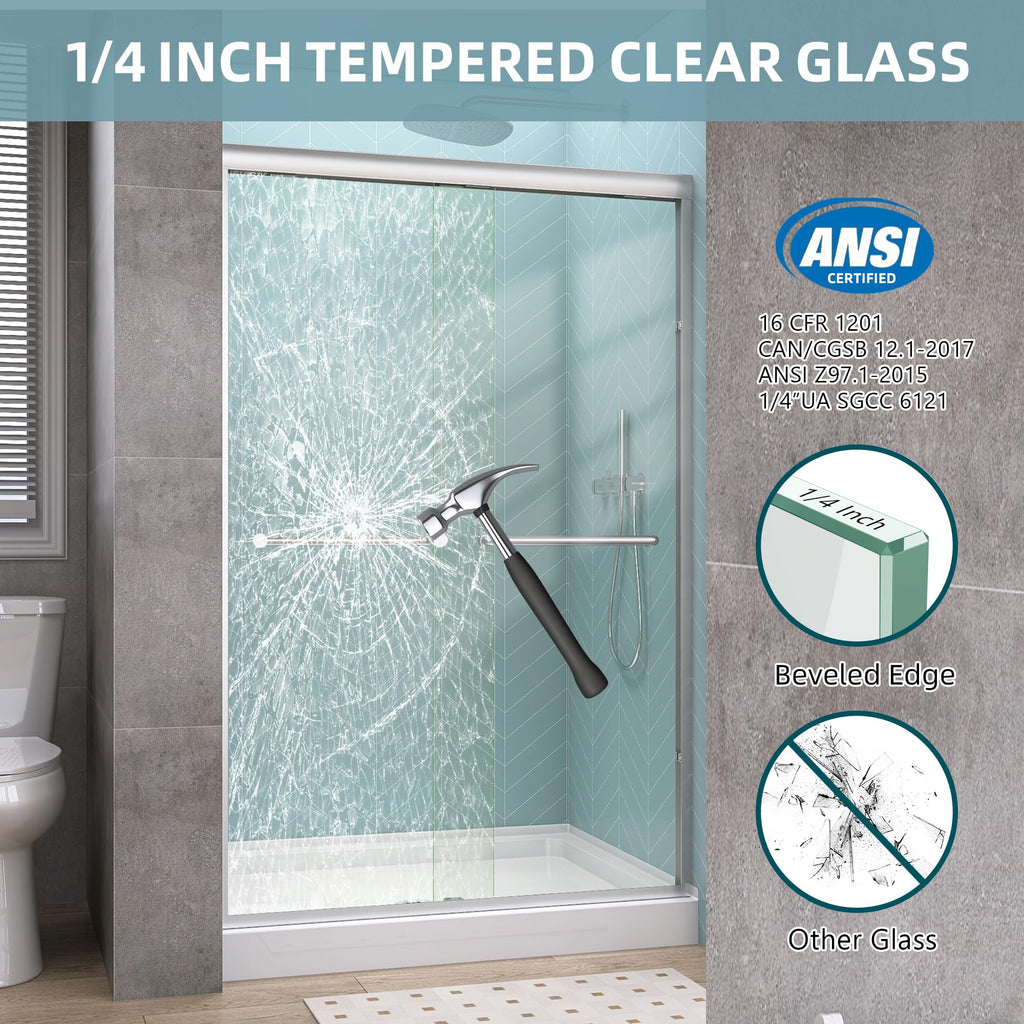 GETPRO Shower Door Sliding 44-48 in. W x 72 in. H Semi-Frameless Bypasss Double Sliding Doors for Shower,1/4 inch Clear Tempered Walk-in Shower Glass Door Brushed Nickel