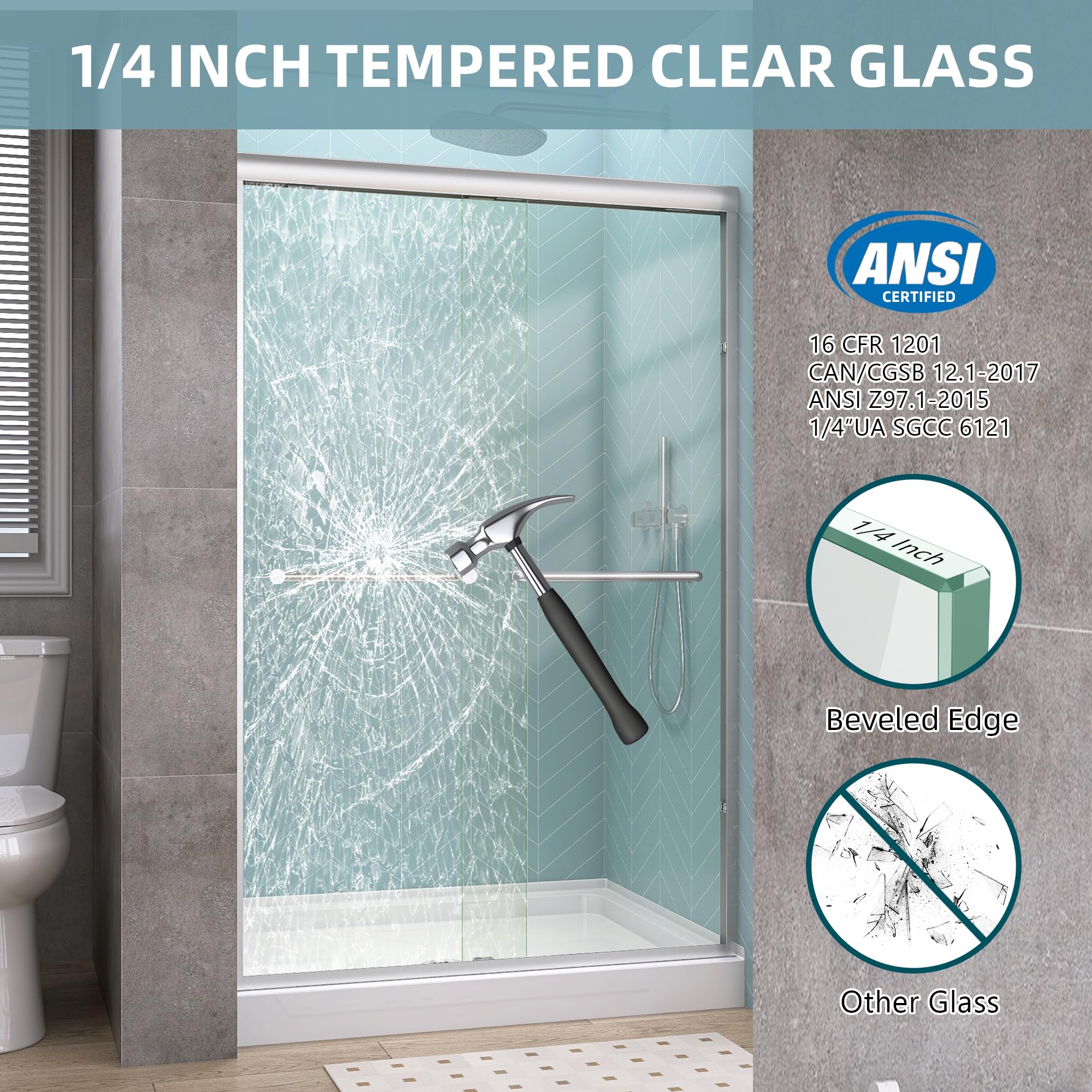 GETPRO Shower Door Sliding 44-48 in. W x 72 in. H Semi-Frameless Bypasss Double Sliding Doors for Shower,1/4 inch Clear Tempered Walk-in Shower Glass Door Brushed Nickel