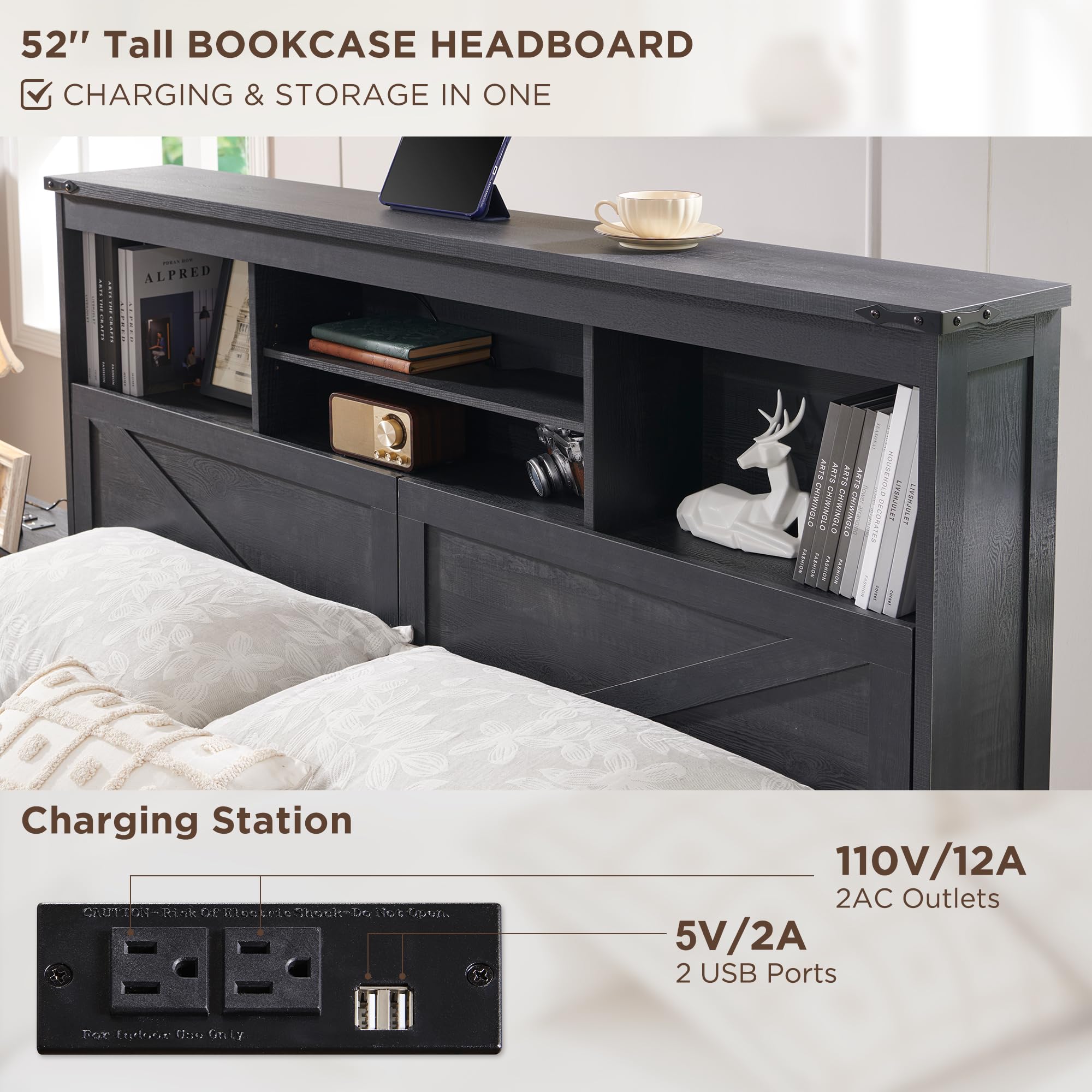 ACCOHOHO Queen Size Wood Bed Frame Farmhouse with 52" Tall Storage Bookcase Headboard, LED Light,Charging Station,4 Drawers and Solid Wood Slats Support,Noiseless,No Box Spring Needed - Black